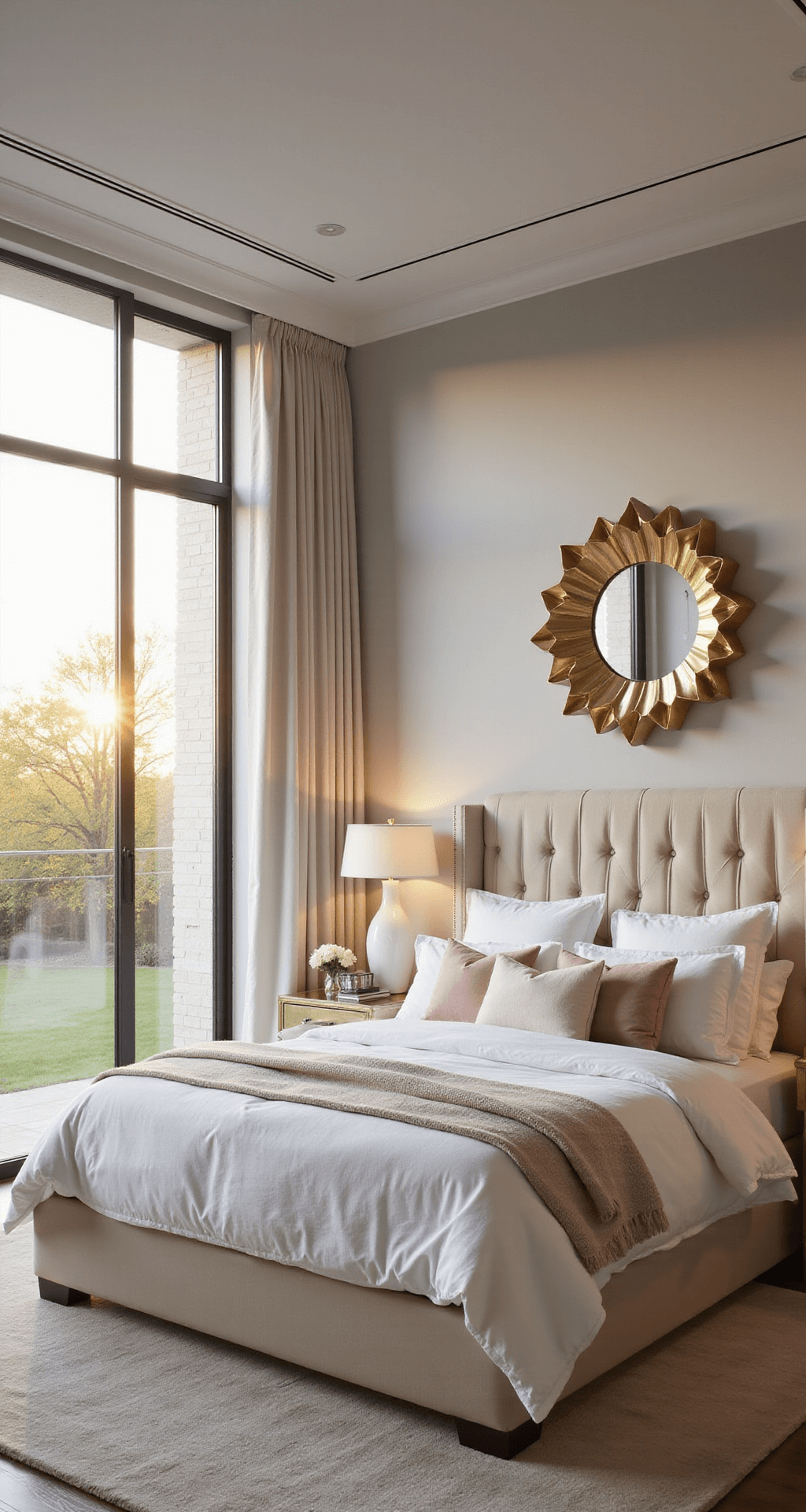 A modern bedroom featuring a king-size bed with a channel-tufted cream velvet headboard, champagne gold nightstands with white ceramic lamps, and layers of white, ivory, and blush bedding, all illuminated by golden hour sunlight through floor-to-ceiling windows. A geometric champagne gold mirror hangs above, enhancing the serene and sophisticated atmosphere.