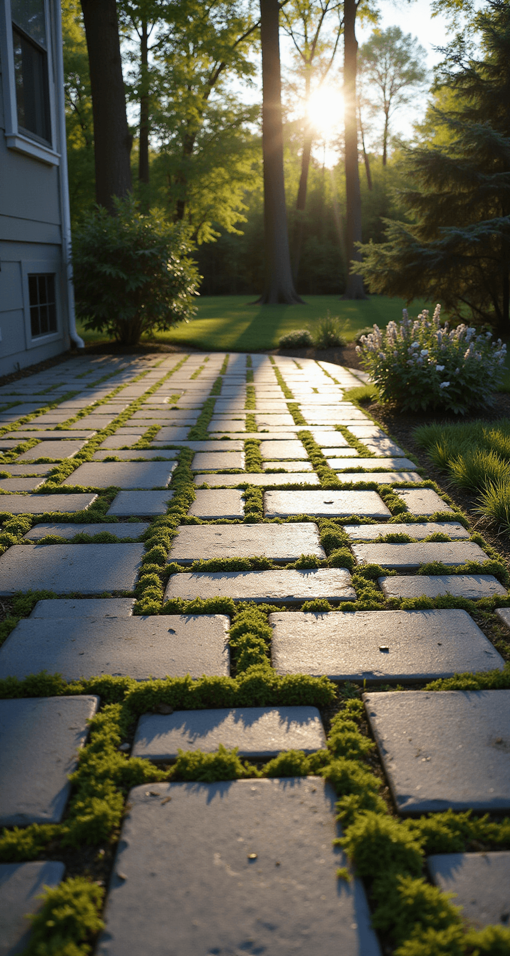 A low-angle view of a serene back patio with herringbone pattern concrete pavers, showcasing warm gray and charcoal tones, and moss-filled gaps, illuminated by golden hour sunlight filtering through trees, casting dappled shadows.
