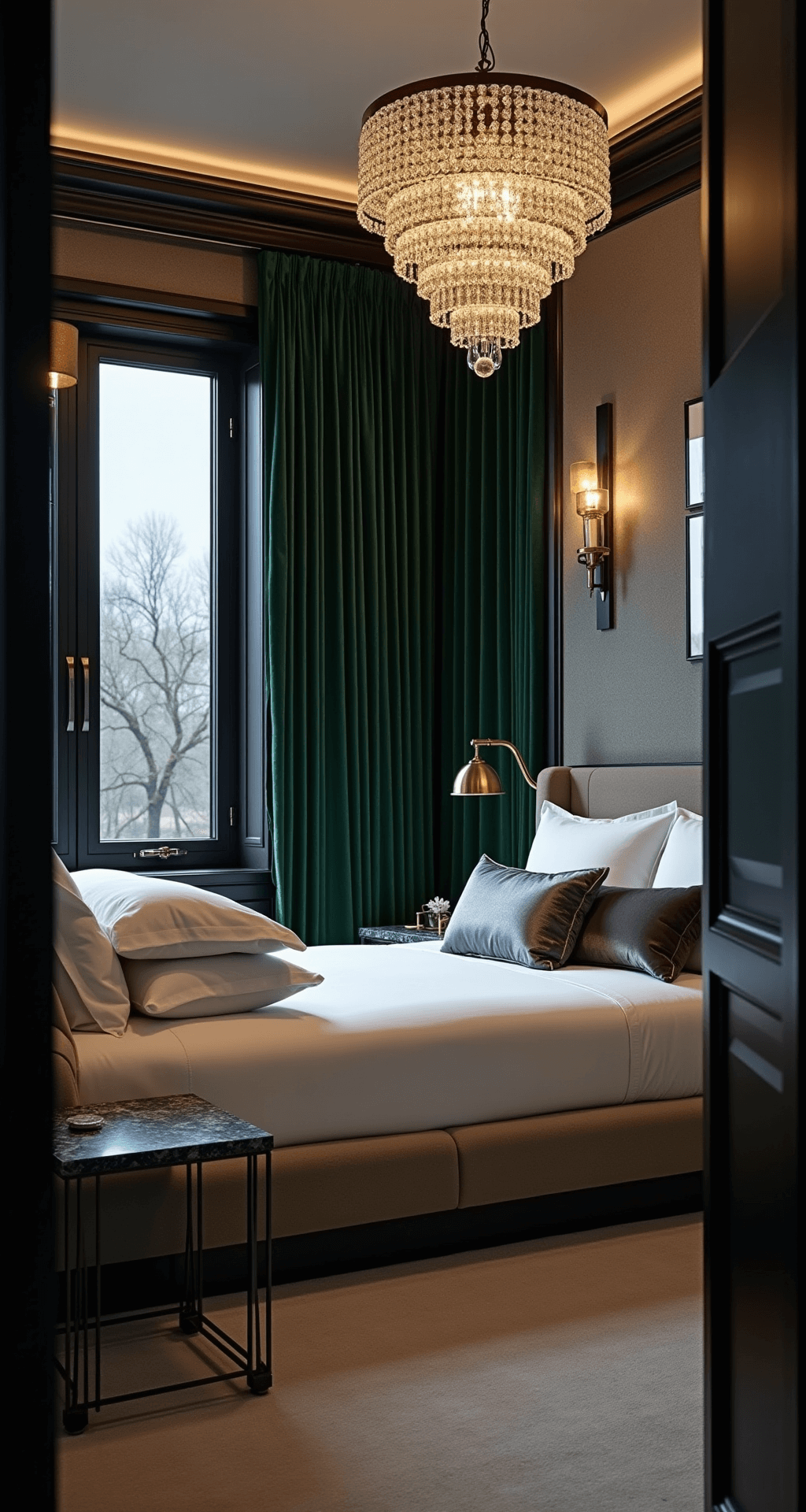 A luxurious twilight bedroom featuring a platform bed with white linens and metallic pillows, illuminated by a crystal chandelier and sconces, with emerald velvet drapes, a taupe accent wall, and brass nightstands with marble tops, all creating a rich and moody atmosphere.