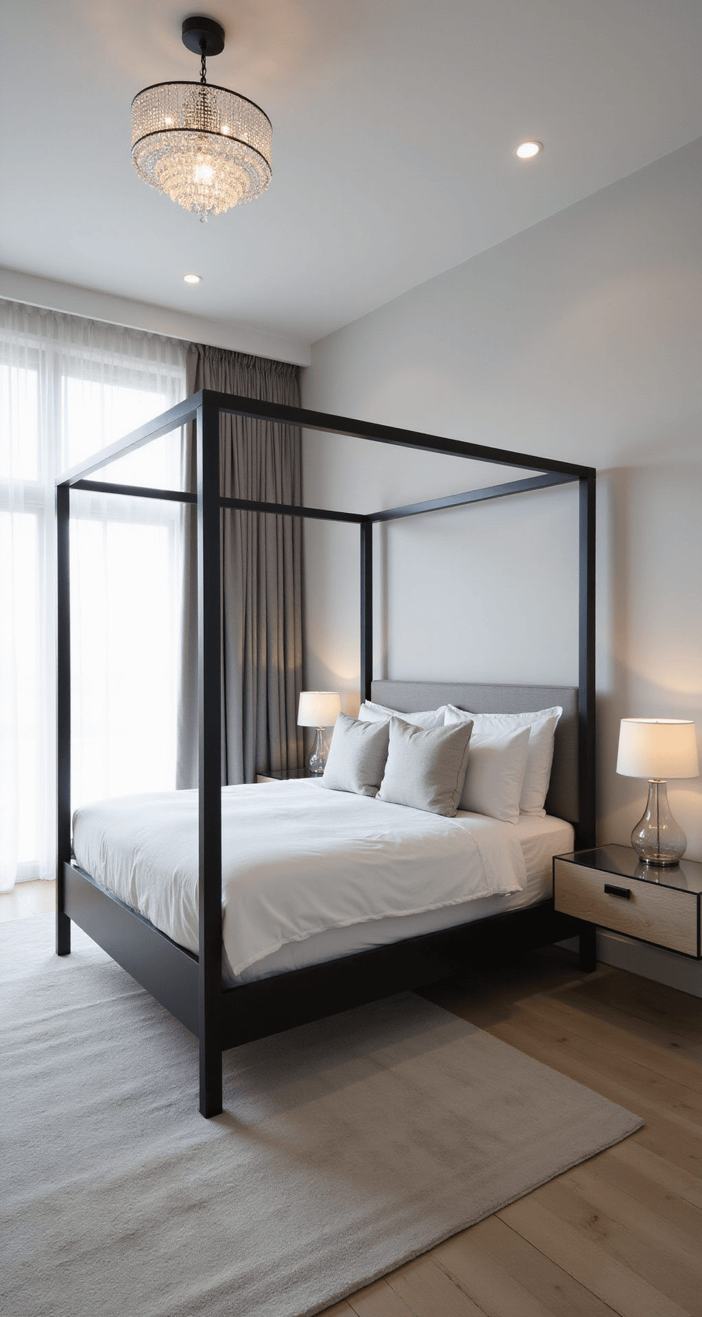 A bright contemporary bedroom with a minimalist black four-poster bed dressed in white linens, surrounded by sheer curtains and bleached oak nightstands with glass lamps, captured from a high angle to emphasize clean lines and spatial flow.