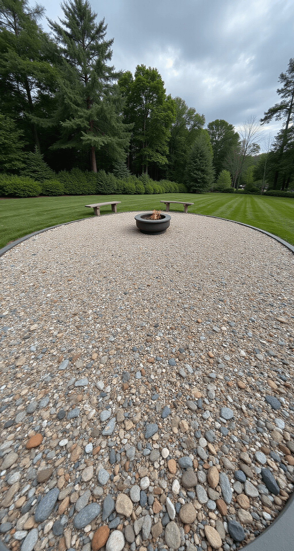 Wide-angle shot of a gravel patio featuring mixed river rock in muted grays and tans, with raked spiral patterns around a central fire pit, captured in sharp focus under diffused midday sunlight.