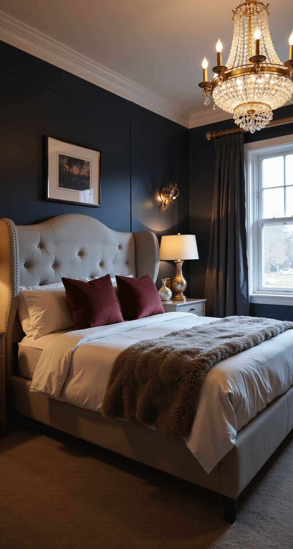 A cozy 12x14ft bedroom at dusk featuring a crystal chandelier for ambient lighting, brass sconces, and mercury glass table lamps. A pearl gray silk upholstered wing bed is set against a dark accent wall, adorned with plush faux fur throws and velvet pillows in jewel tones, creating a warm and inviting atmosphere. Shot from eye level at the foot of the bed.