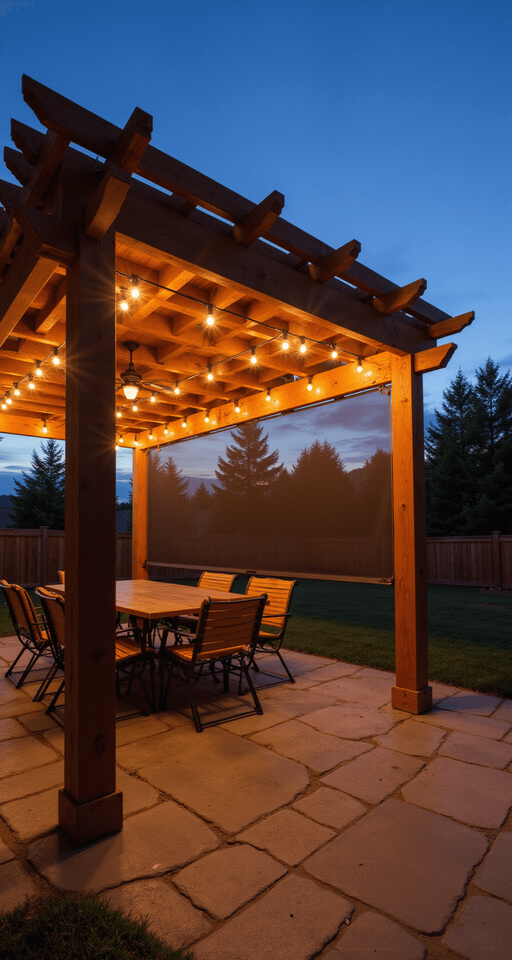 Intimate twilight image of a 12x12ft DIY pergola with pressure-treated pine beams casting geometric shadows on stamped concrete. Warm LED cafe lights adorn the top slats, and a natural bamboo roll-up shade is partially extended on the western side, all illuminated by golden hour lighting that highlights the wood grain texture.