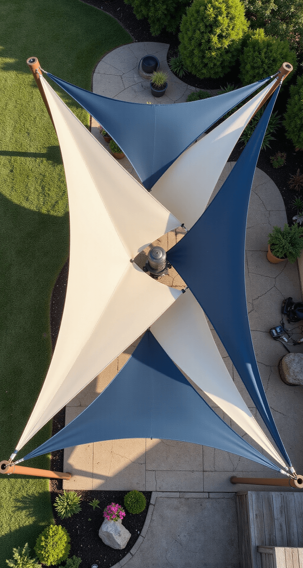Aerial view of a 16x20ft patio featuring overlapping triangular shade sails in navy, slate, and cream, casting dramatic shadows on the stone surface below, with corner tension points visible and professional architectural lighting accentuating the sail geometry.