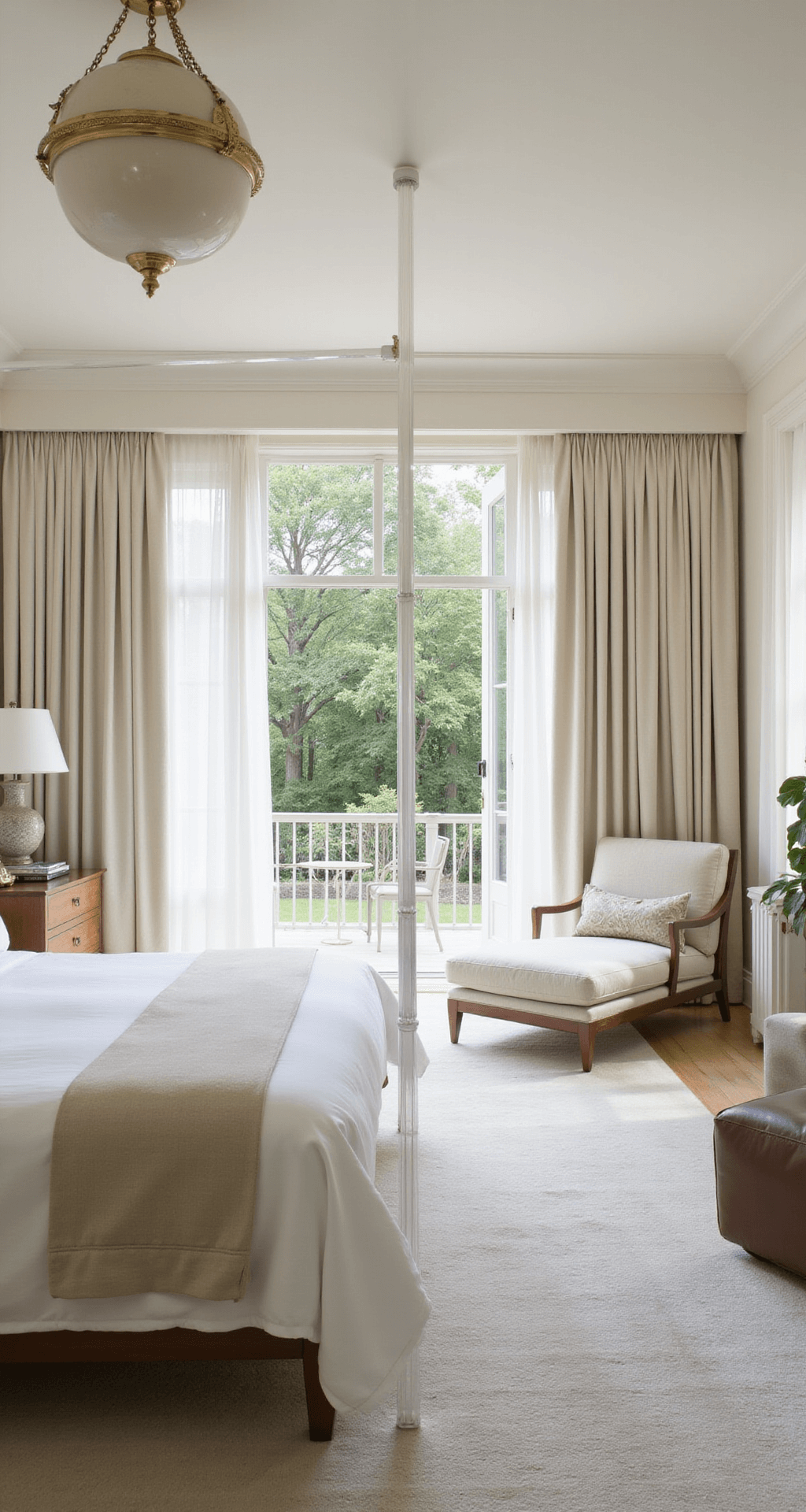 An expansive primary bedroom suite with a statement canopy bed and alabaster pendant light, featuring a monochromatic white and cream palette, plush area rug, modern chaise lounge, and dramatic floor-to-ceiling drapes, illuminated by morning light.