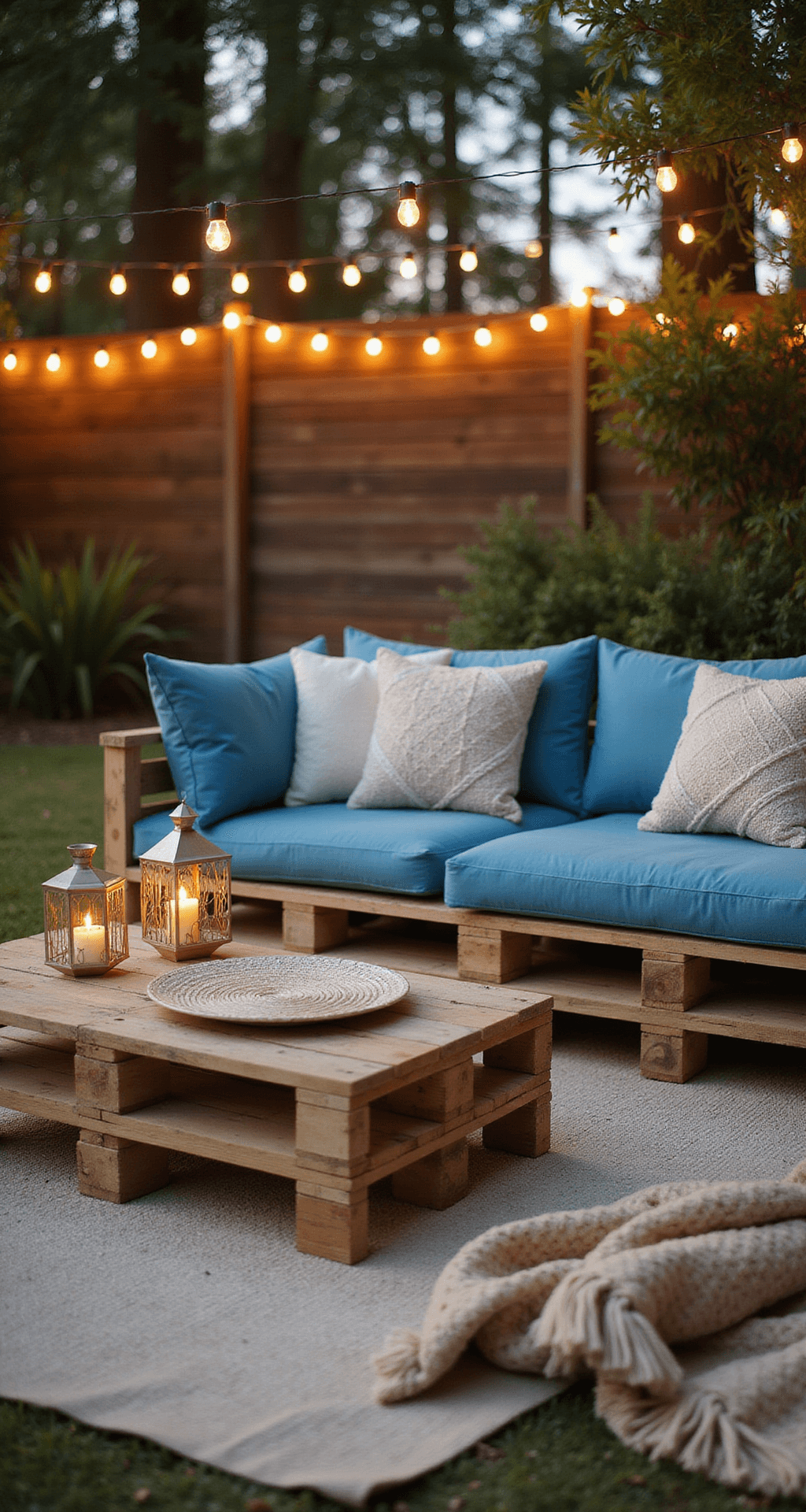 Cozy pallet lounge area with L-shaped seating, coastal blue cushions, and macramé throw pillows, softly lit by golden hour light with a bokeh background of string lights.
