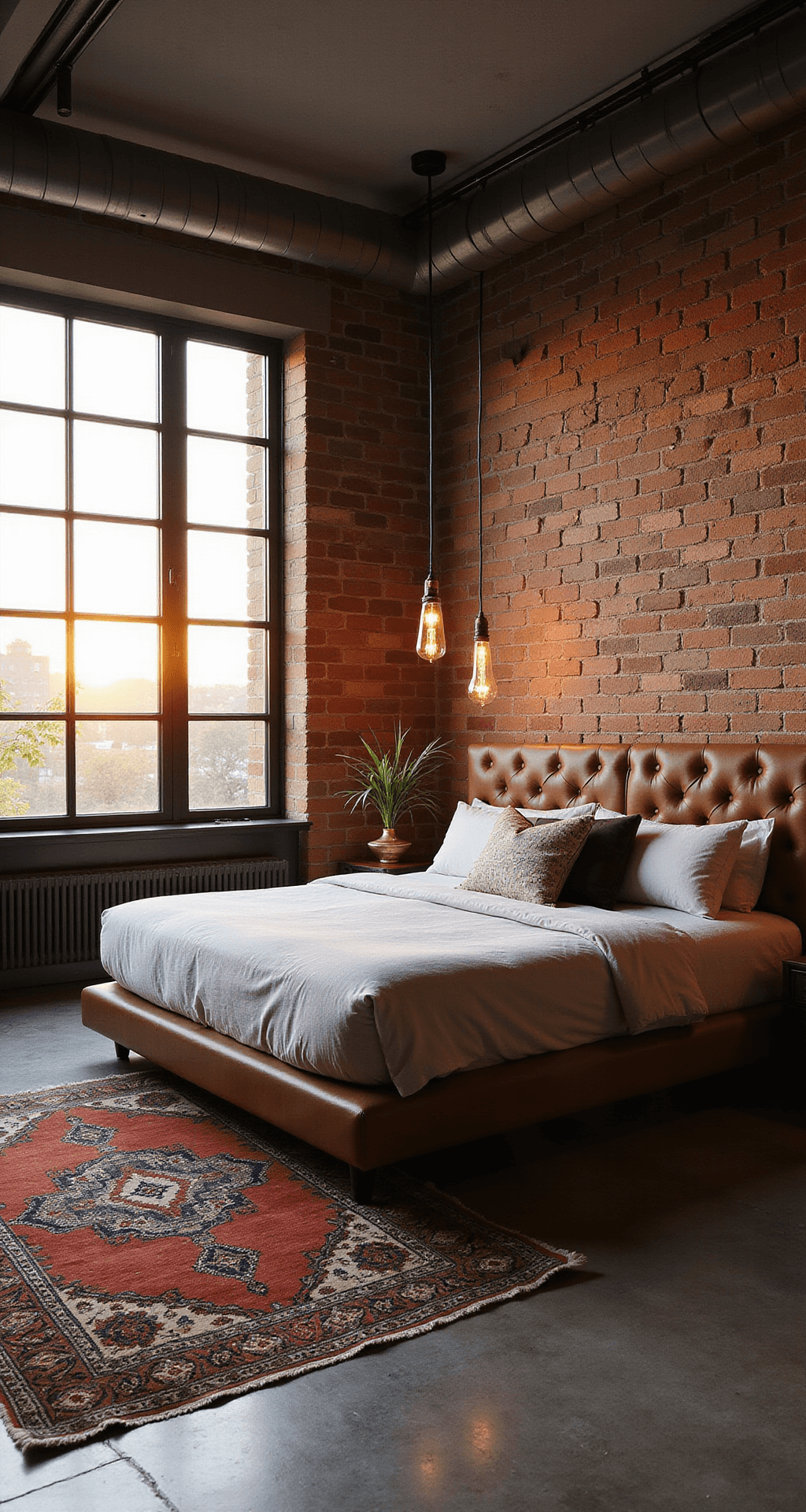 A cozy and elegant 16x16ft bedroom at sunset, featuring an industrial-modern platform bed with a leather headboard against an exposed brick wall, a vintage Persian rug on concrete floors, and mixed metal accents in copper and brass illuminated by dramatic pendant lights with Edison bulbs.