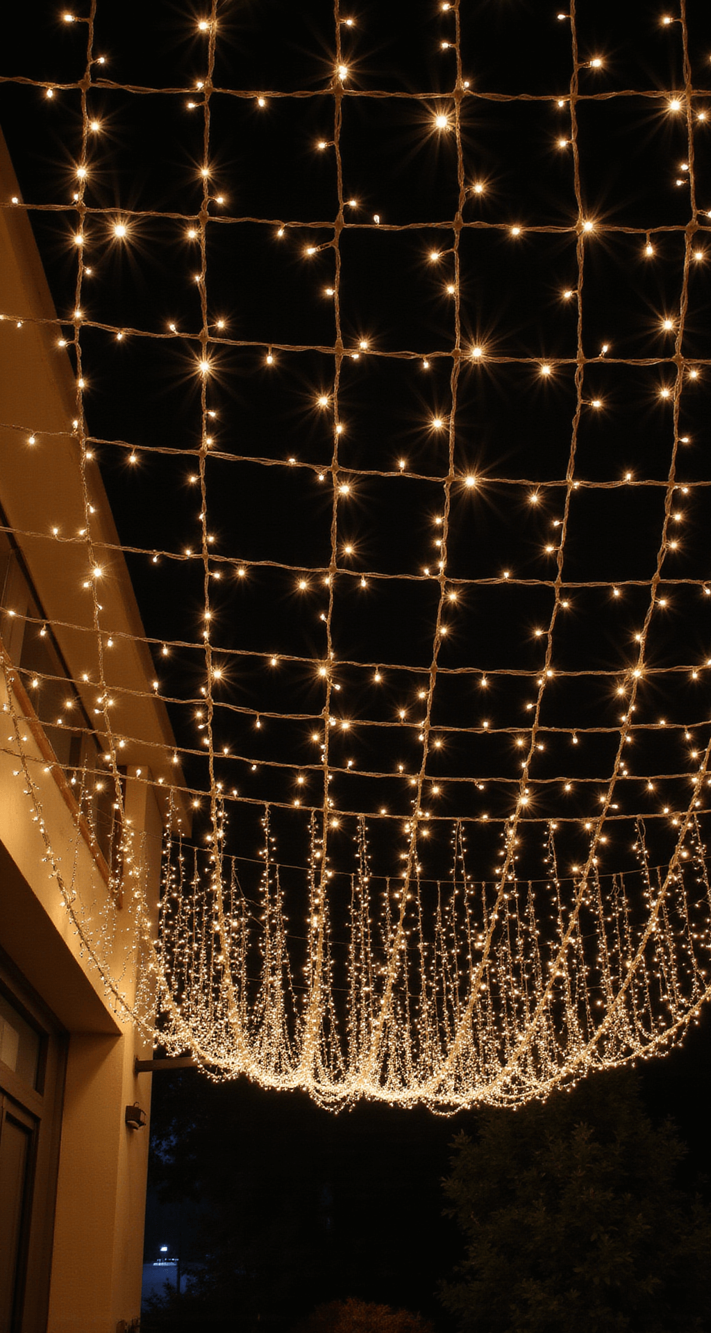 A long exposure night photograph showcasing a warm white LED string light installation, with strands creating a canopy effect overhead and individual bulbs emitting a starburst effect, highlighting multiple layers of lights at varying heights.