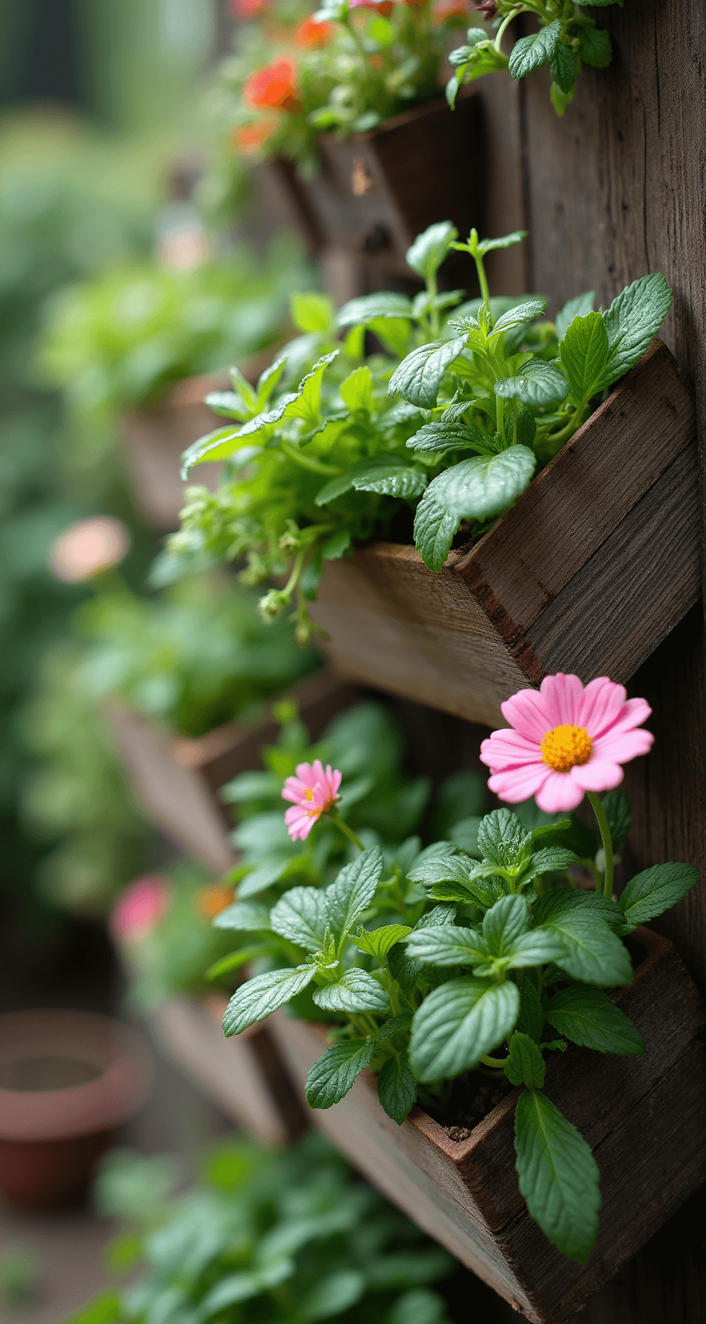 Close-up of a vertical garden wall made from repurposed wooden crates, showcasing cascading herbs and flowering plants adorned with morning dew, captured with a shallow depth of field to emphasize key plants against a softly blurred background in natural diffused light.