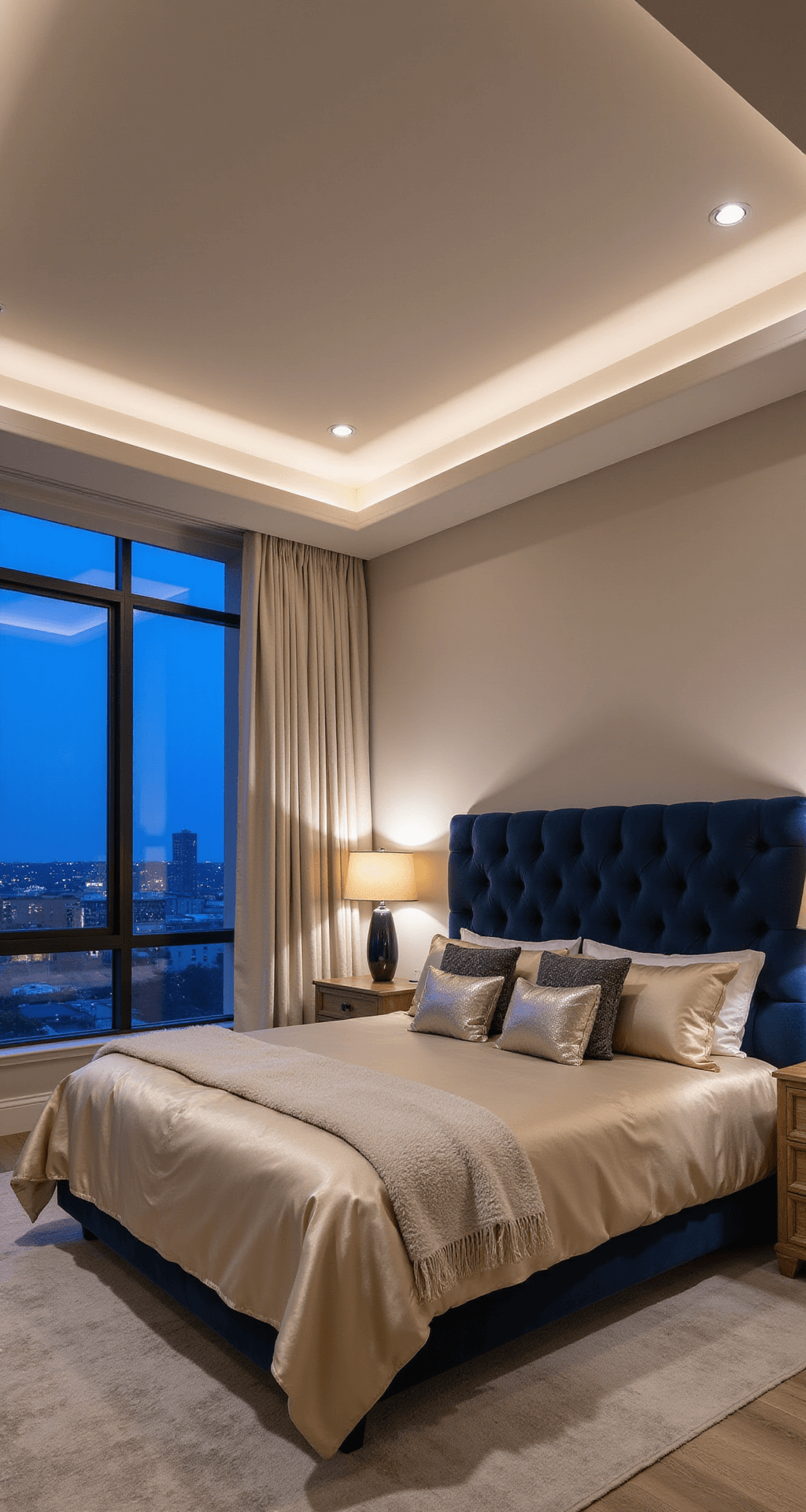 A serene master bedroom at dusk featuring a 14ft tray ceiling and soft indirect LED lighting. The king-sized bed is elegantly dressed in champagne silk bedding with a tufted deep navy velvet headboard, flanked by bleached oak nightstands and modernist lamps. Ivory linen drapes frame city views, complemented by a mohair throw, mixed metallic pillows, and a hand-knotted wool carpet.