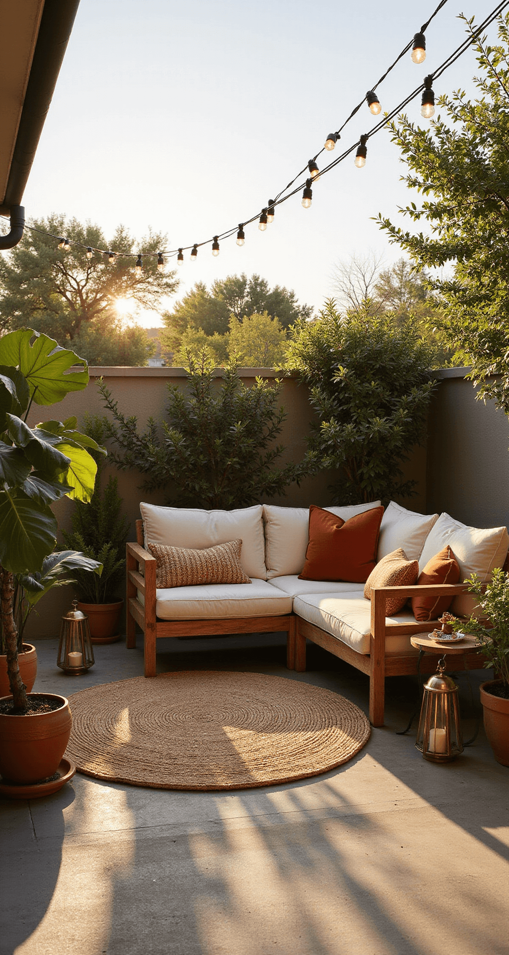 A sunlit bohemian-style patio featuring a weathered teak sectional with cream cushions and vibrant throw pillows, adorned with market lights overhead and surrounded by potted monstera and fiddle leaf figs, set on textured concrete flooring with a natural jute rug and accented by brass lanterns and ceramic side tables, all immersed in warm evening light.