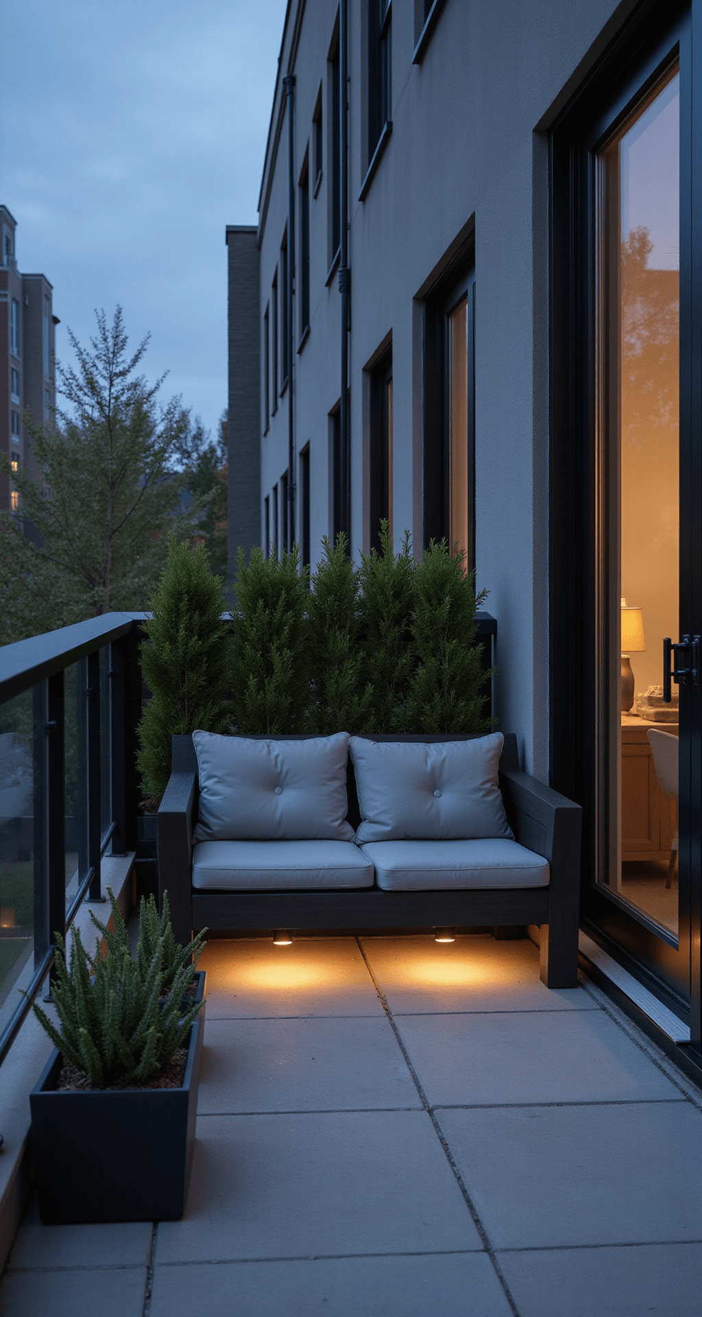 Intimate balcony patio at dusk featuring a charcoal loveseat with gray cushions, black planters with snake plants, ambient LED strip lighting, and glass railing reflecting city lights, captured with a 24mm wide angle lens.