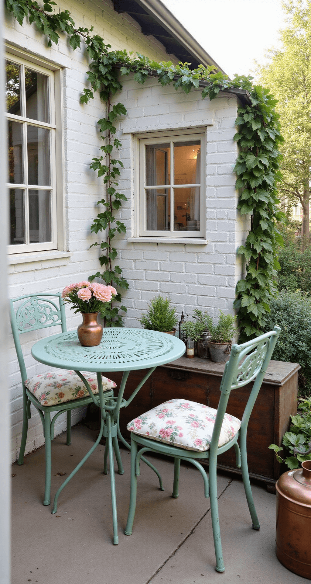 A serene corner patio sanctuary captured in morning light, featuring whitewashed brick walls adorned with climbing jasmine. A vintage sage green bistro set with floral cushions, a distressed wooden storage bench, copper lanterns, and antique watering cans create a cozy cottage-core aesthetic, enveloped in soft morning mist.