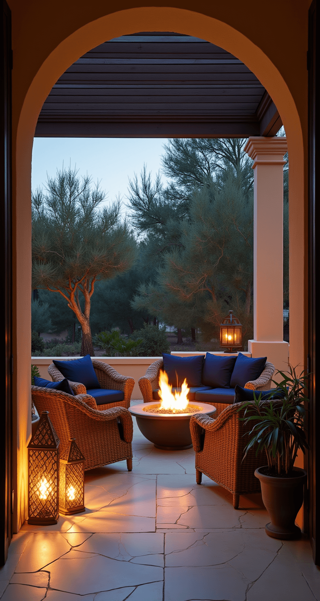 A luxurious covered patio at twilight featuring cream stone flooring, archways, oversized woven wicker seating with deep navy cushions around a copper fire pit, and Moroccan lanterns casting intricate shadows, framed by potted olive trees, showcasing a warm fire glow contrasted with cool evening light.