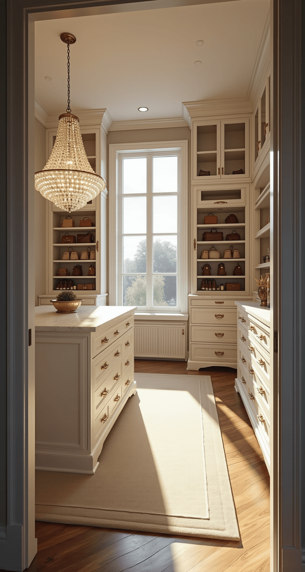 A luxurious walk-in closet featuring floor-to-ceiling white cabinetry with champagne gold hardware, illuminated by natural light from a large window. The central island showcases a white quartzite top and velvet-lined jewelry drawers, while glass-front displays highlight handbags under LED lighting. Herringbone hardwood floors are accented with a cream wool runner, and a crystal chandelier adds sparkling highlights to the elegant space.
