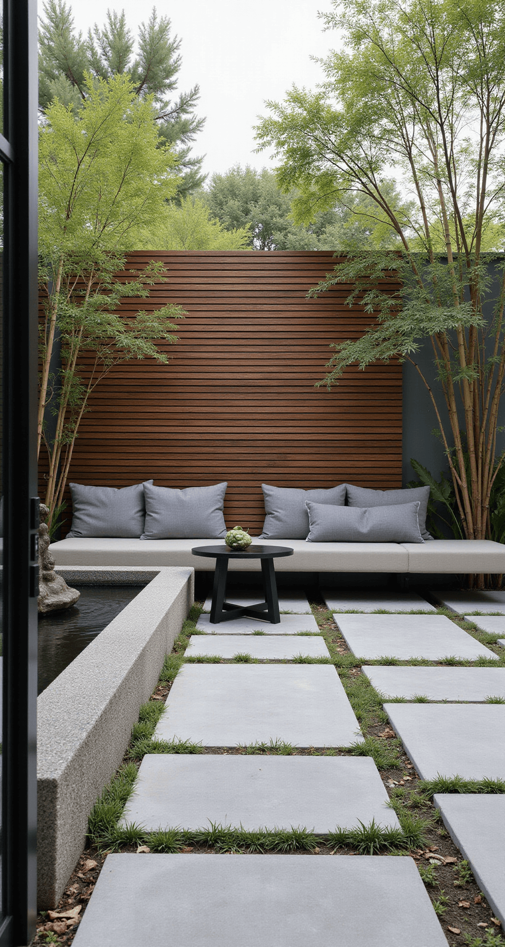 A modern zen patio featuring concrete bench seating with wooden slat overlay, minimalist gray cushions, black metal accent tables, and strategic bamboo plantings for privacy, complemented by a subtle stone water feature, captured in diffused natural light with an ultra-wide perspective.