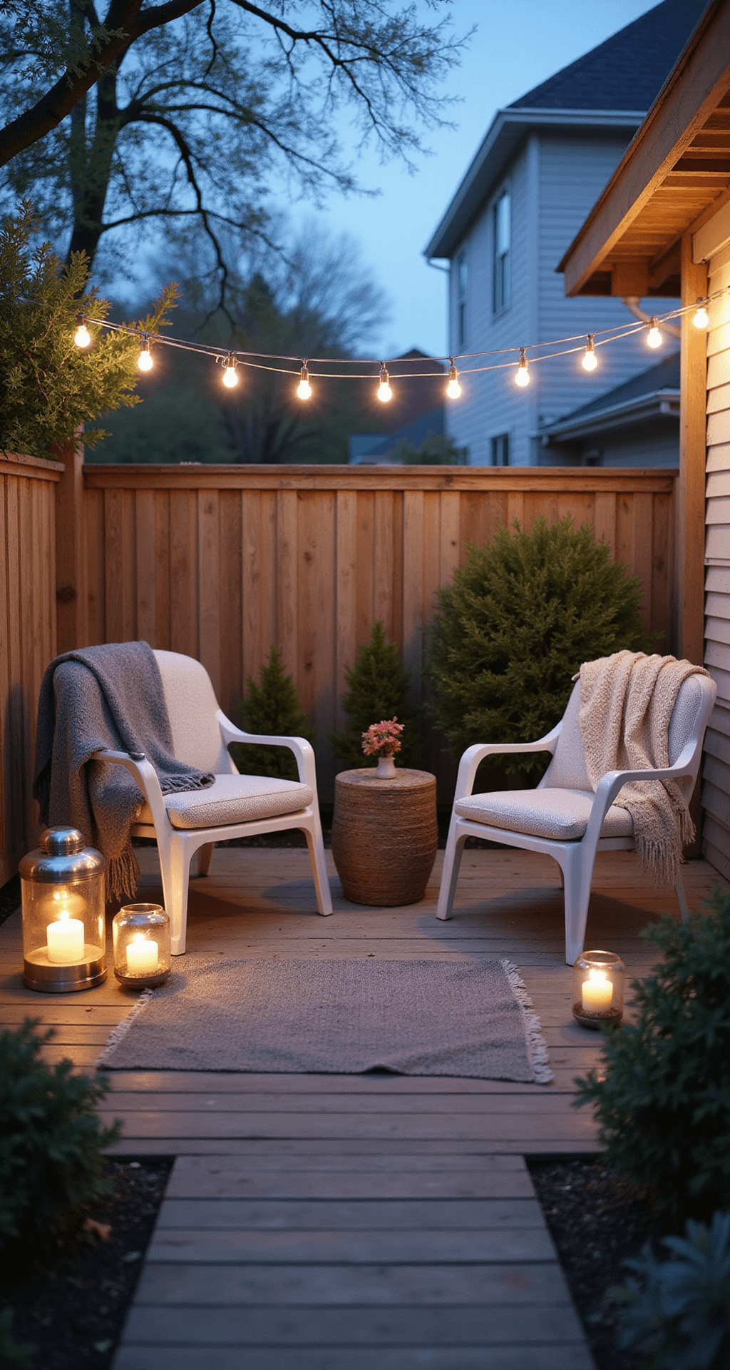 Cozy 12x12ft townhouse patio at blue hour, featuring Scandinavian hygge design with light wood deck tiles, white metal furniture, cream and gray wool throws, oversized hurricane lanterns with flameless candles, and white string lights overhead.