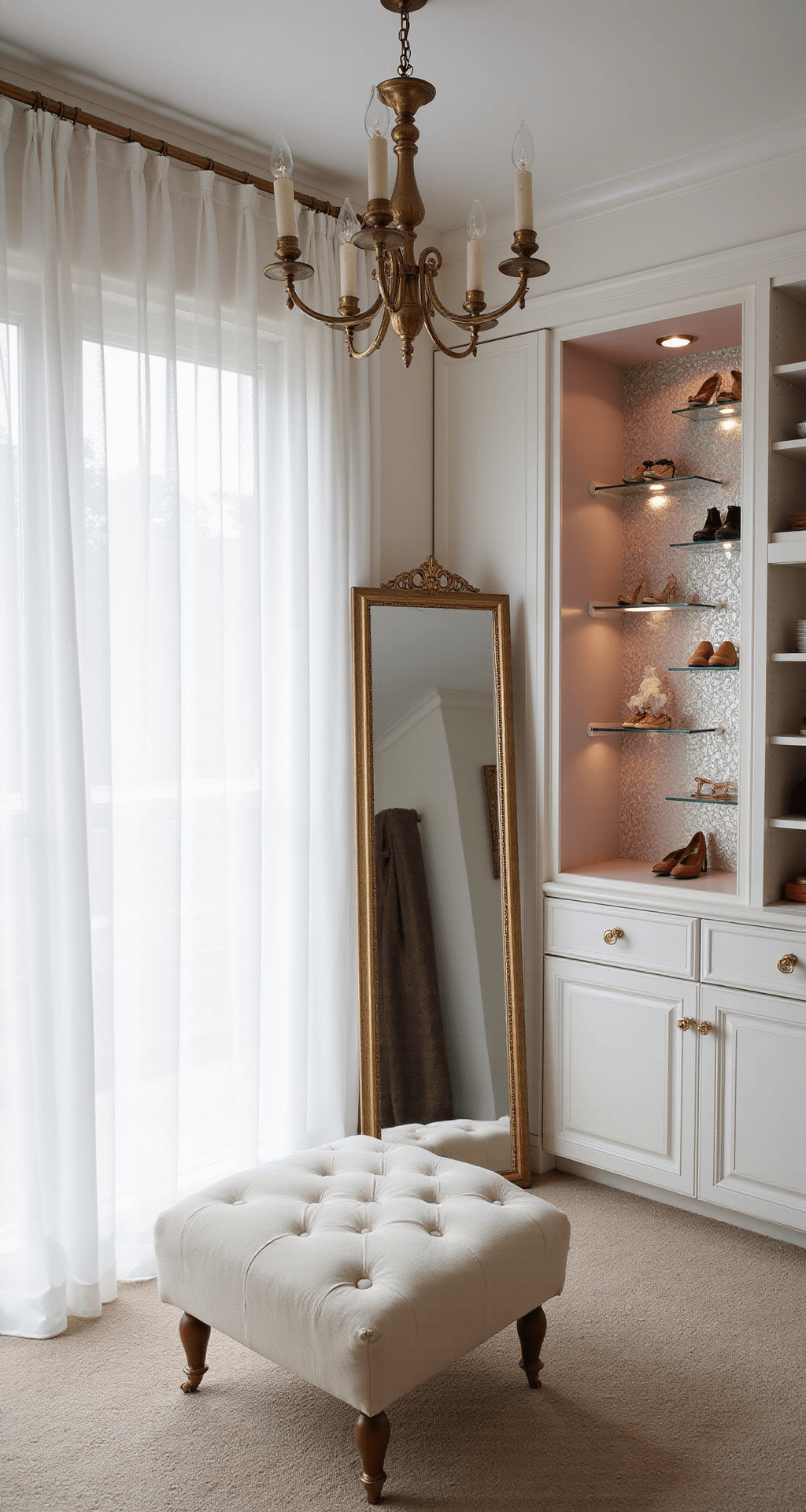 A bright and airy boutique-style dressing area featuring sheer white curtains, an elegant tufted ivory ottoman, and a vintage brass chandelier, with a tri-fold mirror reflecting a shoe wall and a blush pink accent wall adorned with metallic wallpaper. White built-ins with glass doors display designer accessories, captured from a corner angle.