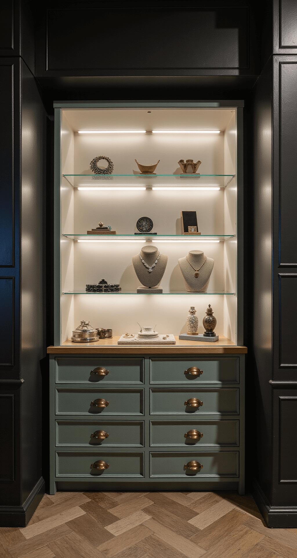 Aerial view of a dramatic jewelry alcove with backlit glass shelving illuminating displayed items against dark charcoal walls, featuring sage green velvet-lined drawers and antique brass hardware.