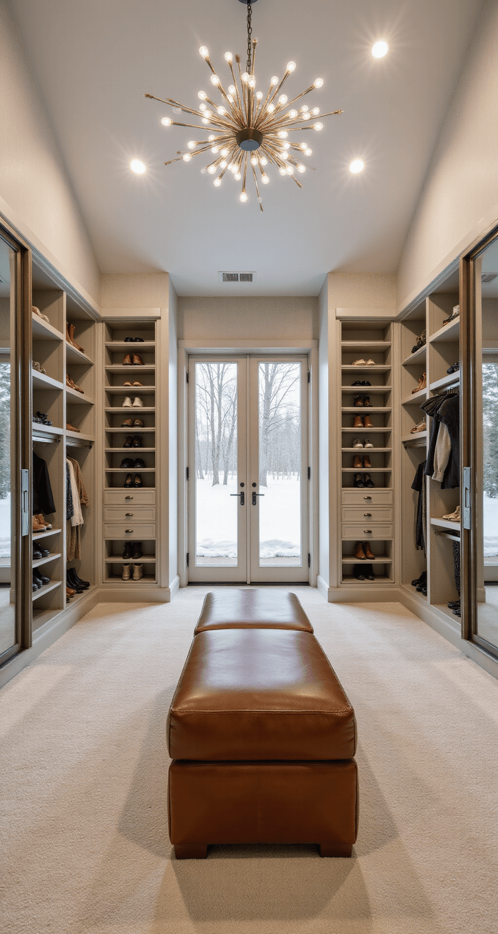A spacious master closet suite with a double-height ceiling and modern chandelier, featuring a custom shoe library, cognac leather bench, and textured grasscloth wallpaper, all captured from an elevated angle.