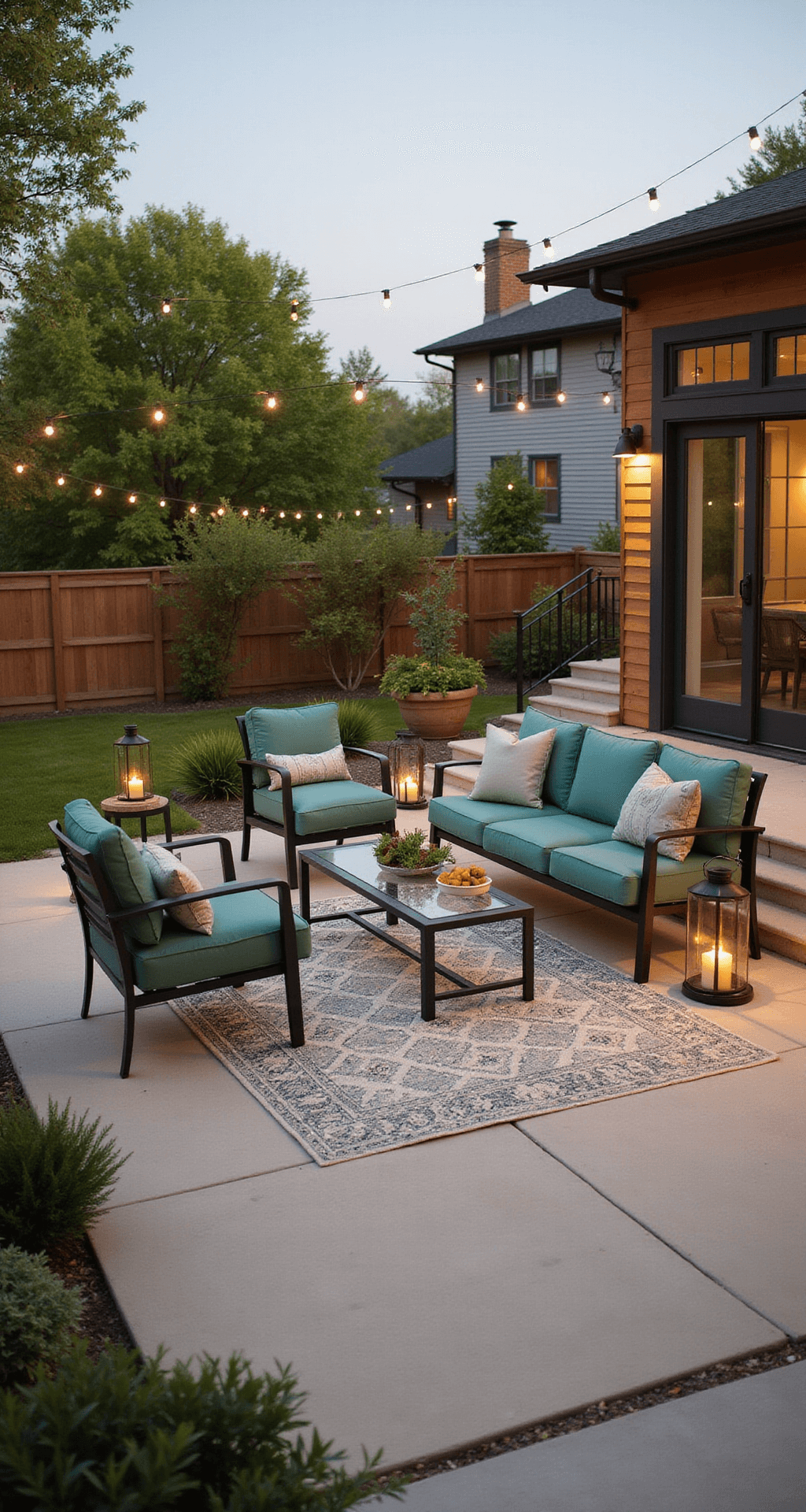 A spacious modern patio at golden hour featuring a concrete deck with a premium aluminum conversation set in graphite, sage green cushions, a geometric rug, integrated LED lighting, and overhead string lights, all softly illuminated.