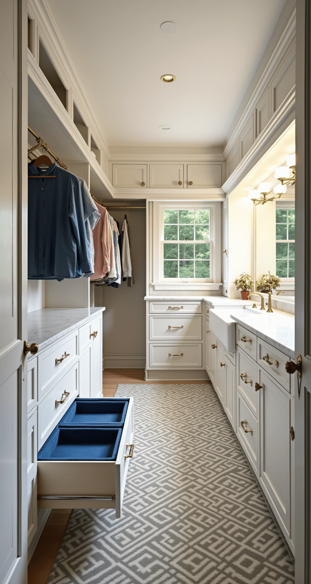 A bright and clean 10x14ft seasonal wardrobe space featuring white shaker-style cabinetry with marble countertops, pull-out accessory trays lined in blue velvet, brass hanging rods, and a geometric pattern carpet in cream and gray, along with a built-in vanity illuminated by Hollywood-style lighting, captured straight-on to emphasize symmetry.