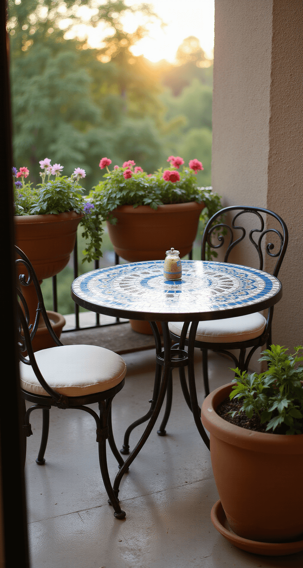 Intimate bistro dining setup on a sunlit balcony, featuring an antique bronze wrought iron table with a round Mediterranean mosaic top and two matching cream-cushioned chairs, surrounded by terracotta planters overflowing with colorful flowers, all captured in soft morning light.