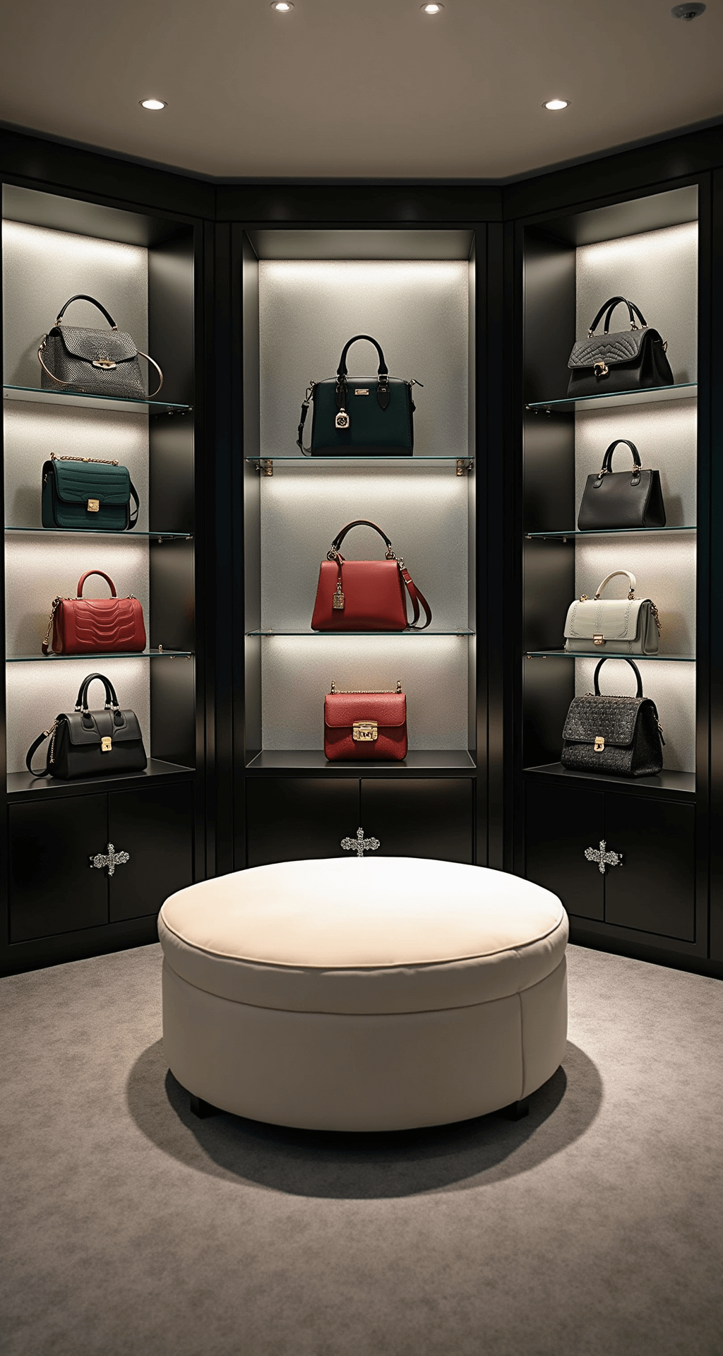 A luxurious designer handbag gallery showcasing floating glass shelves with LED lighting, metallic silver wallpaper, black lacquered cabinets with crystal handles, an ivory velvet circular settee, and plush gray carpeting, all captured in dramatic low-angle lighting at twilight.