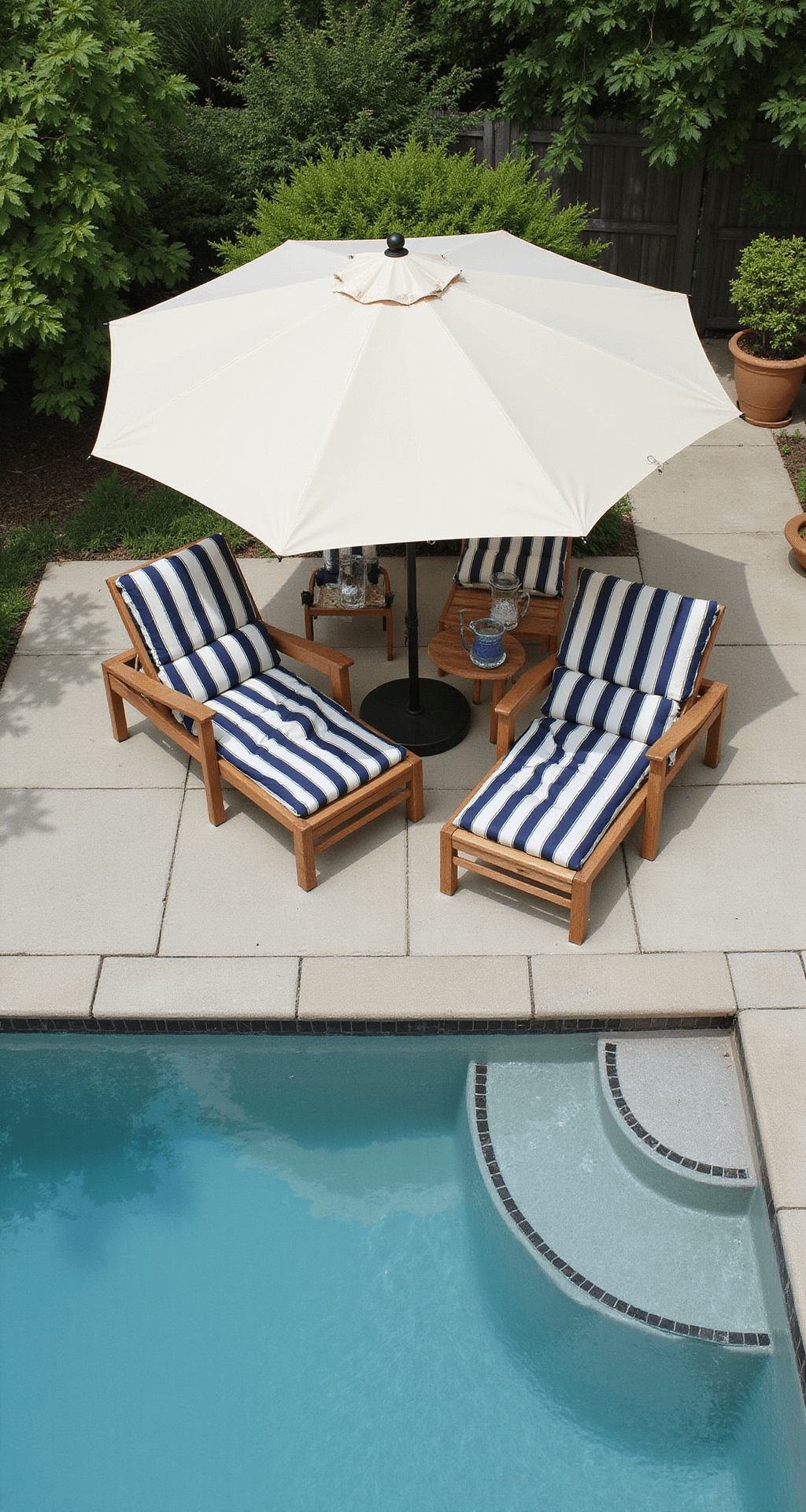 Aerial shot of a poolside lounging area with four teak chaise lounges featuring navy striped cushions on a limestone patio, accompanied by side tables with glass pitchers. A large cream market umbrella casts dappled shade, while the turquoise pool water reflects nearby elements, captured in high contrast to highlight the textures.