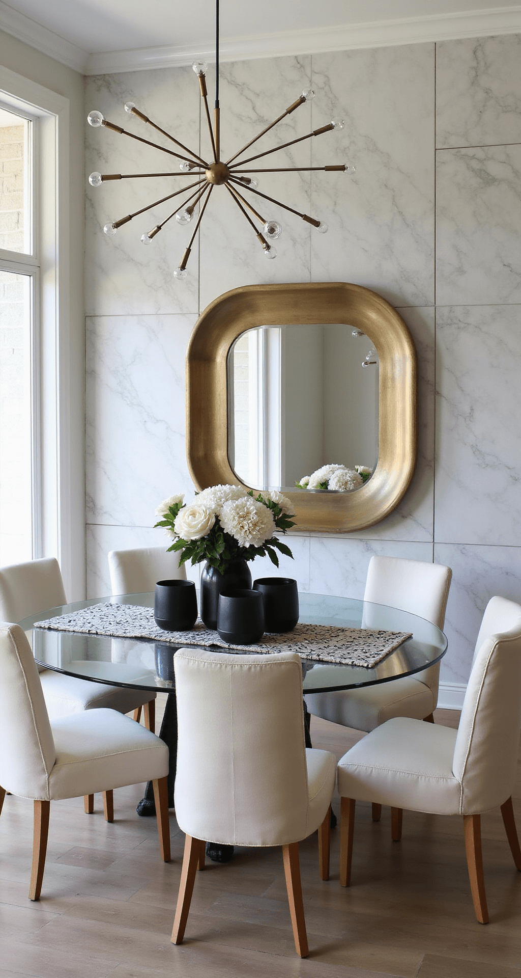 A modern dining room with 12ft ceilings, featuring a sputnik chandelier, glass table with cream bouclé chairs, and a marble-paneled statement wall. The space is illuminated by morning light, reflecting off a bronze mirror, with black ceramics, fresh white flowers, and a geometric table runner adding stylish accents.