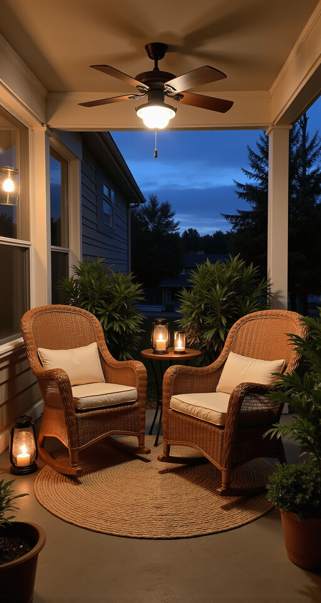 A covered back porch at dusk featuring oversized wicker rocking chairs with ivory cushions, a vintage ceiling fan, a jute rug, and hurricane lanterns for ambient lighting, framed by potted palms, creating a warm, moody atmosphere.