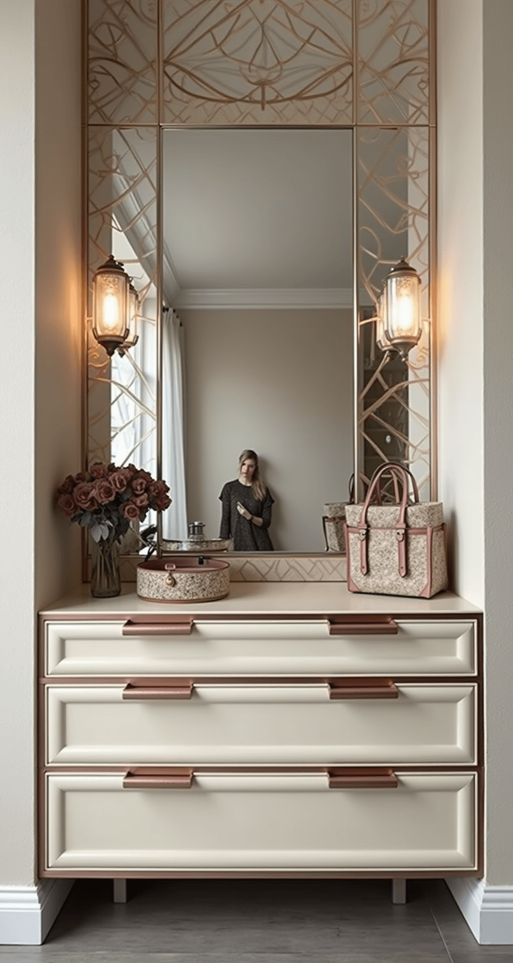 A close-up view of a chic accessory boutique nook featuring mirrored geometric designs, cream leather shelves, and rose gold accents, illuminated by crystal sconces, showcasing intricate textures and materials.