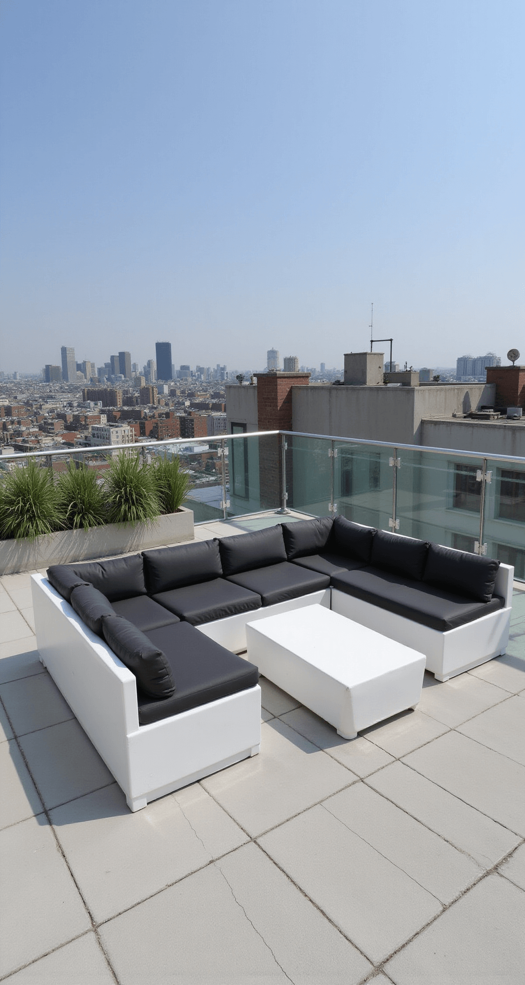 Contemporary rooftop terrace featuring a bright white modular resin sectional with charcoal cushions, clear glass railings, minimalist planters with ornamental grasses, and an urban backdrop, all illuminated by high-key lighting.