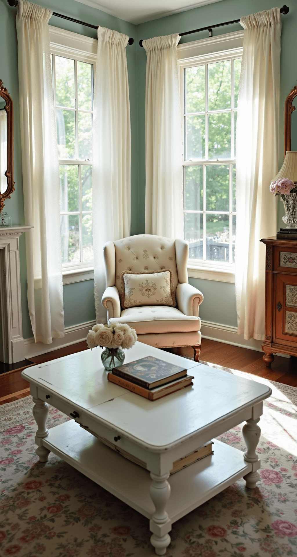 A sunlit living room featuring a distressed white wooden coffee table on a faded Persian rug, surrounded by a plush cream armchair and vintage mirrors on pale blue walls, with fresh peonies in a crystal vase.
