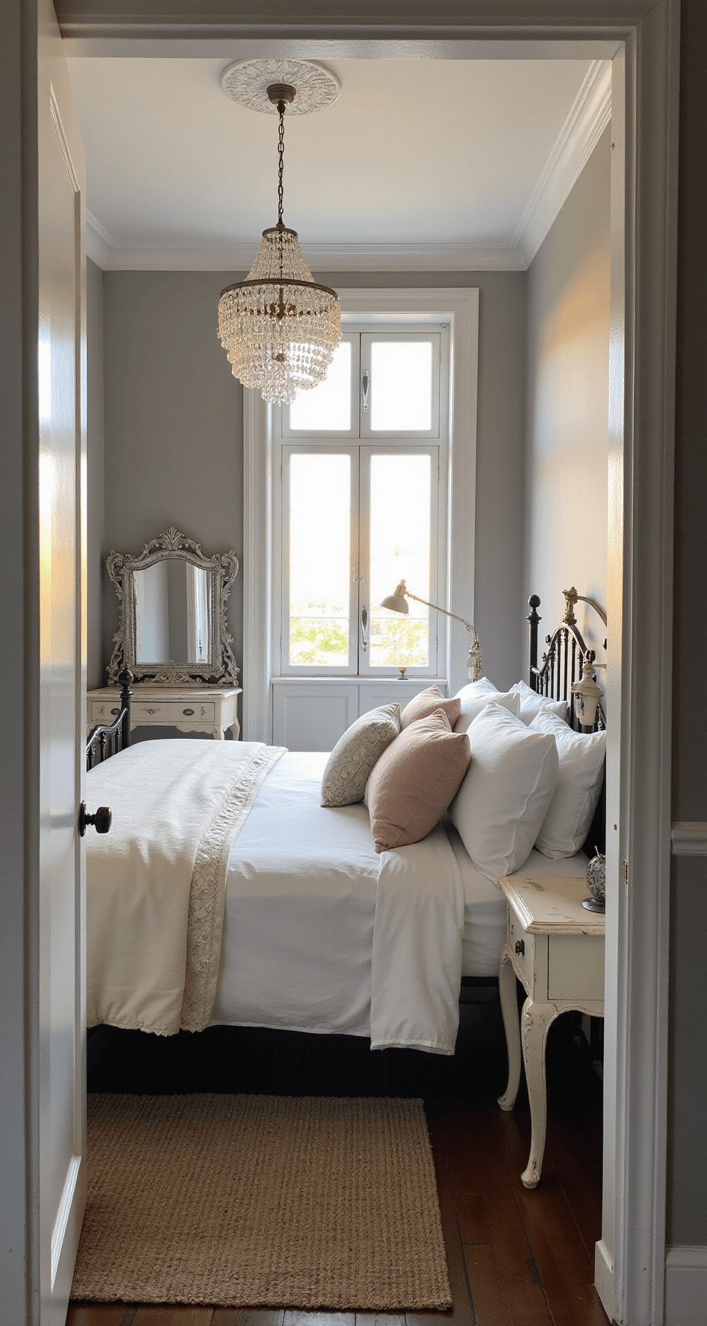A serene early morning bedroom with a queen-sized iron bed dressed in white linens and blush pillows, illuminated by soft light through wrought iron windows. A distressed cream vanity with a tarnished silver mirror complements dove grey walls, while a crystal chandelier adds elegance to the space.