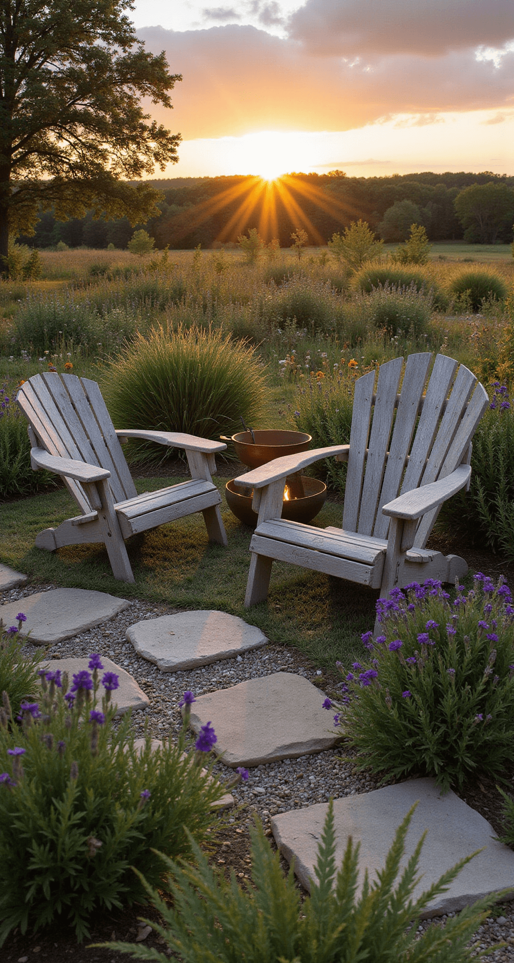 A rustic garden setting at sunset featuring silver-gray cedar Adirondack chairs, a native wildflower garden, a natural stone pathway, and a copper fire pit, all bathed in warm sunset lighting with long shadows and golden highlights.