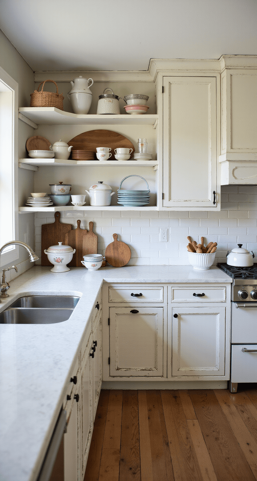 Aerial view of a spacious farmhouse kitchen featuring white-washed cabinets, vintage pastel china, marble countertops reflecting morning light, and open shelving with enamelware and wooden boards, captured with a 35mm lens.