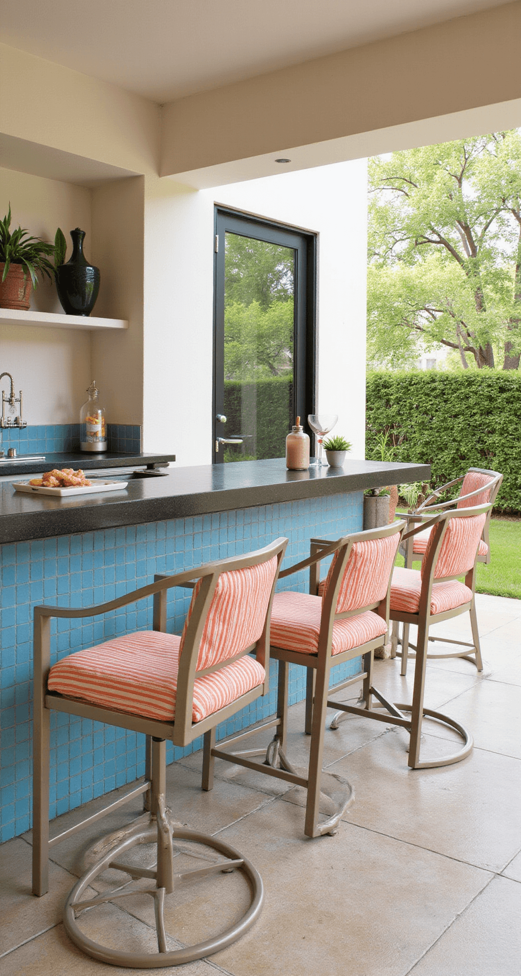 Resort-style cabana with a premium aluminum bar set in champagne finish, featuring four coral and white striped swivel stools, a built-in serving counter with blue glass tile accent, and a retractable awning providing filtered light, all set at mid-morning.