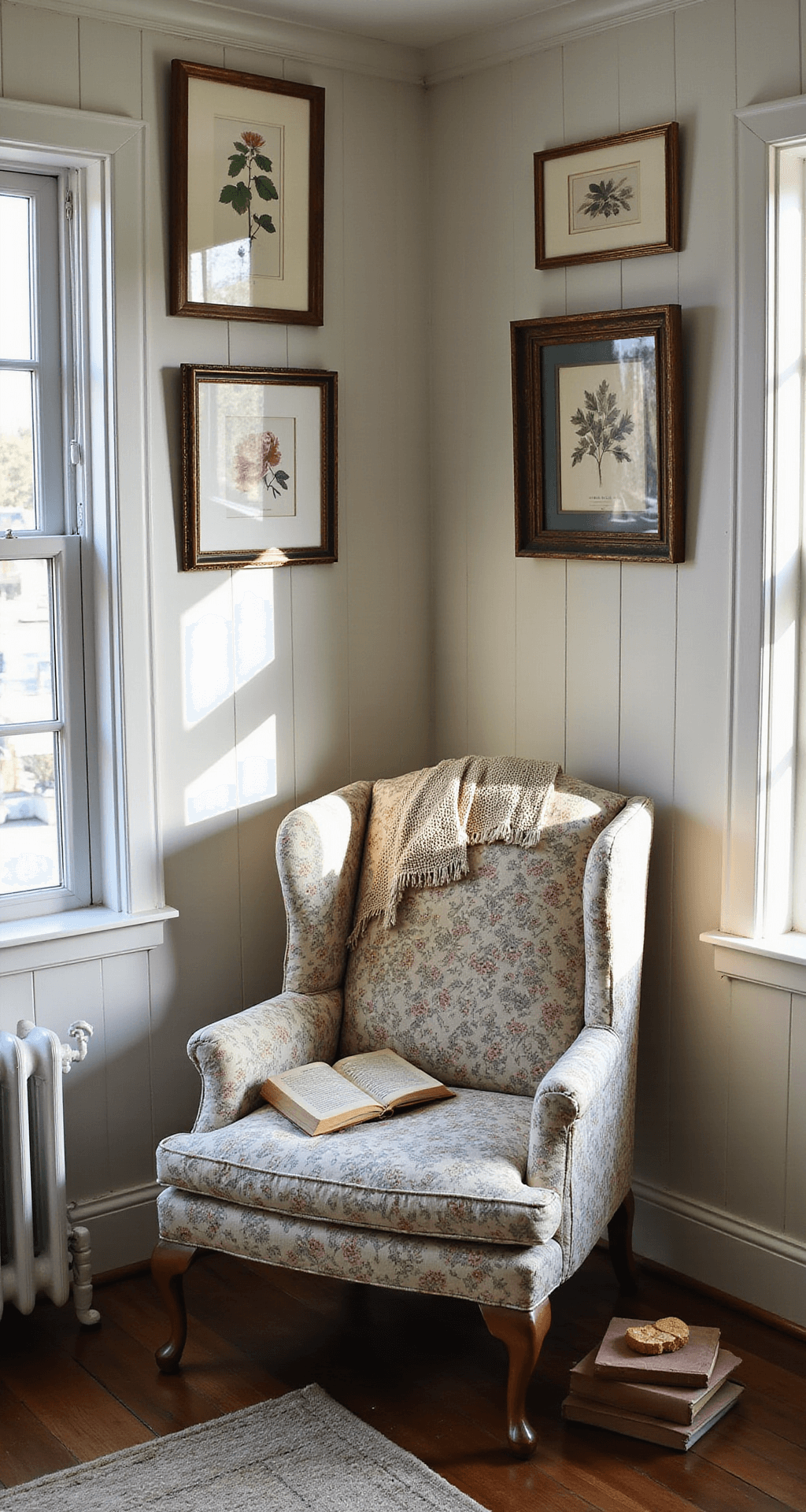 Corner of a cozy reading nook with a weathered wingback chair in faded floral chintz, whitewashed plank walls adorned with botanical prints, and afternoon shadows, featuring crocheted throws and aged leather books.