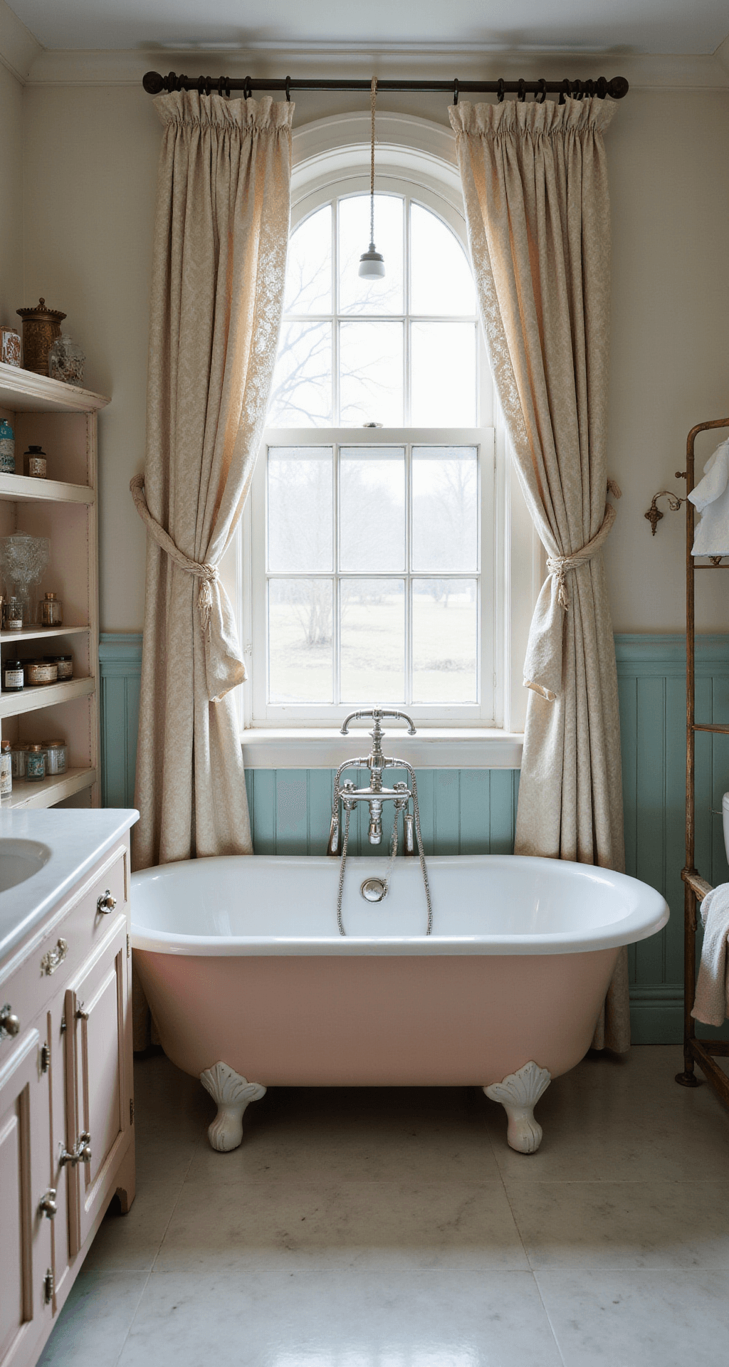 A master bathroom featuring a claw-foot tub under an arched window with gathered lace panels, a distressed pale pink cabinet displaying vintage perfume bottles and silver-plated accessories, and a subtly aged Carrara marble floor, all illuminated by soft northern light and pearl-white fill lights.