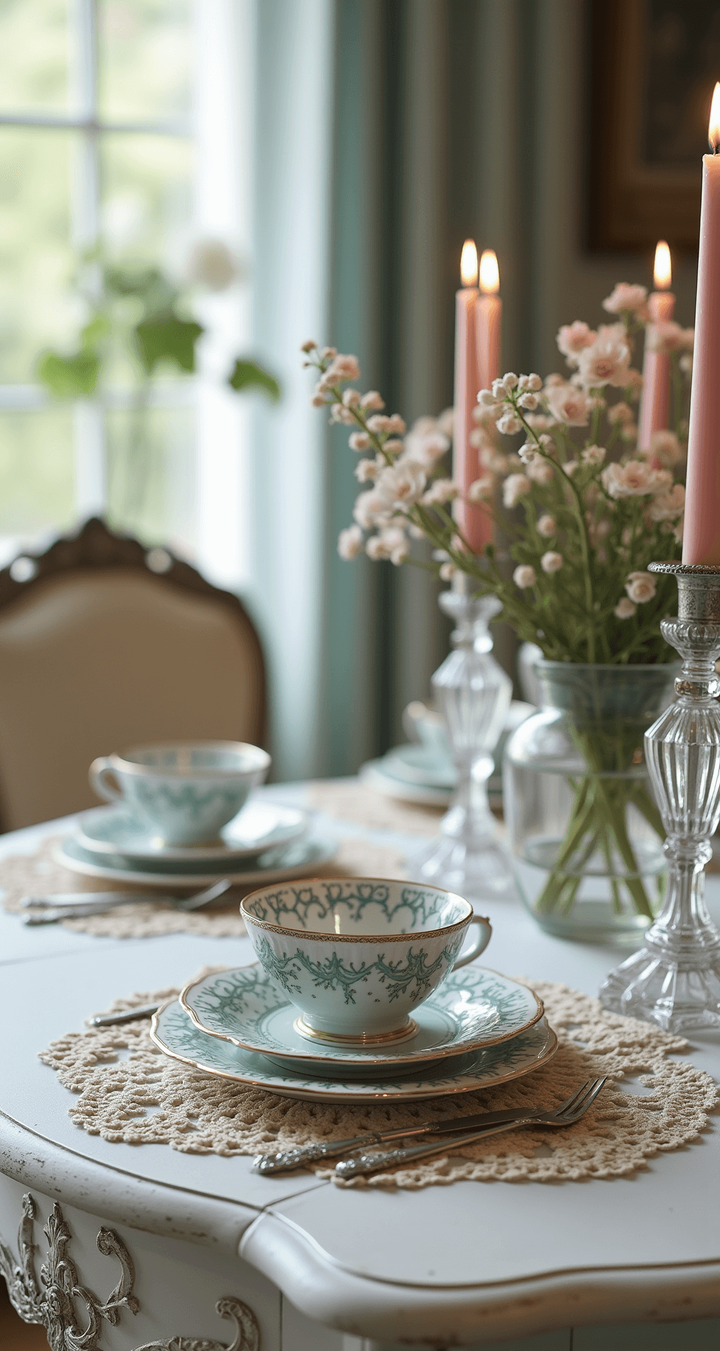 A vintage French table with worn white paint showcases a mixed china tablescape in cream and pale blue, featuring crystal candlesticks with blush tapers and tarnished silver. The macro shot highlights intricate lace details of the tablecloth under soft, diffused artificial window light.