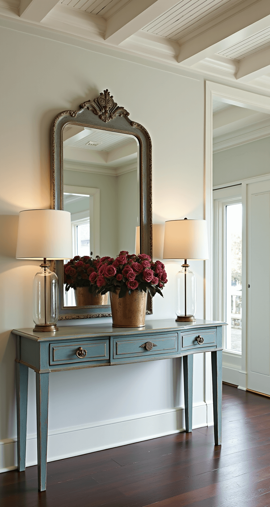 Elevated view of an entry hall featuring a distressed duck egg blue antique console table beneath a worn ornate mirror, flanked by mercury glass lamps and a loose bouquet of garden roses in an aged copper vase, with a wide-angle perspective highlighting a 9ft beadboard ceiling and a mix of natural and vintage sconce lighting.