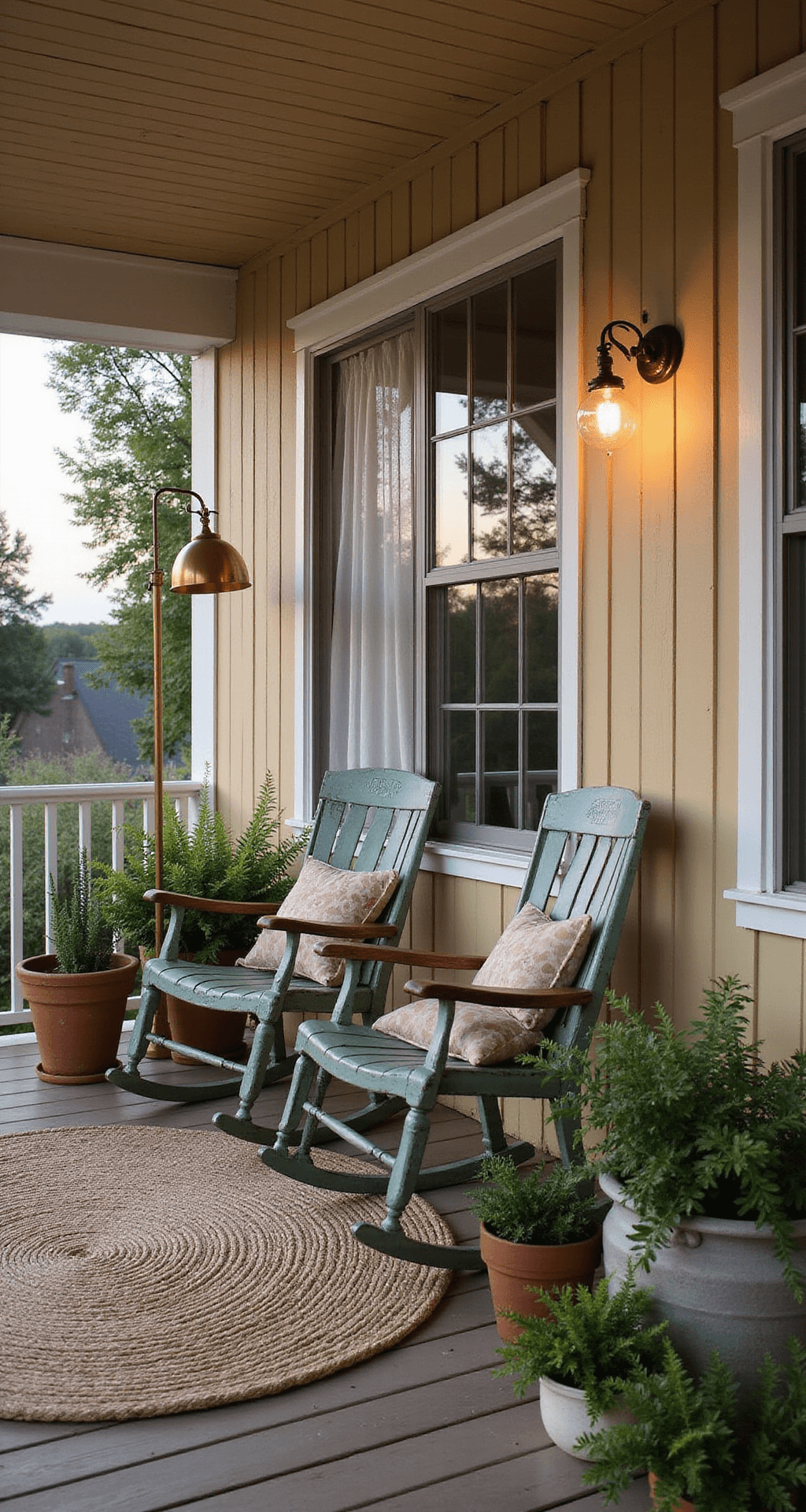 Cozy covered porch at dusk featuring a vintage metal glider in sage green, distressed wooden rocking chairs, and an antiqued brass floor lamp. A handwoven jute rug lies over natural wood decking, surrounded by mismatched ceramic planters with ferns and hostas. Sheer white outdoor curtains billow gently, complemented by wrought iron wall sconces with Edison bulbs, evoking a nostalgic aesthetic.