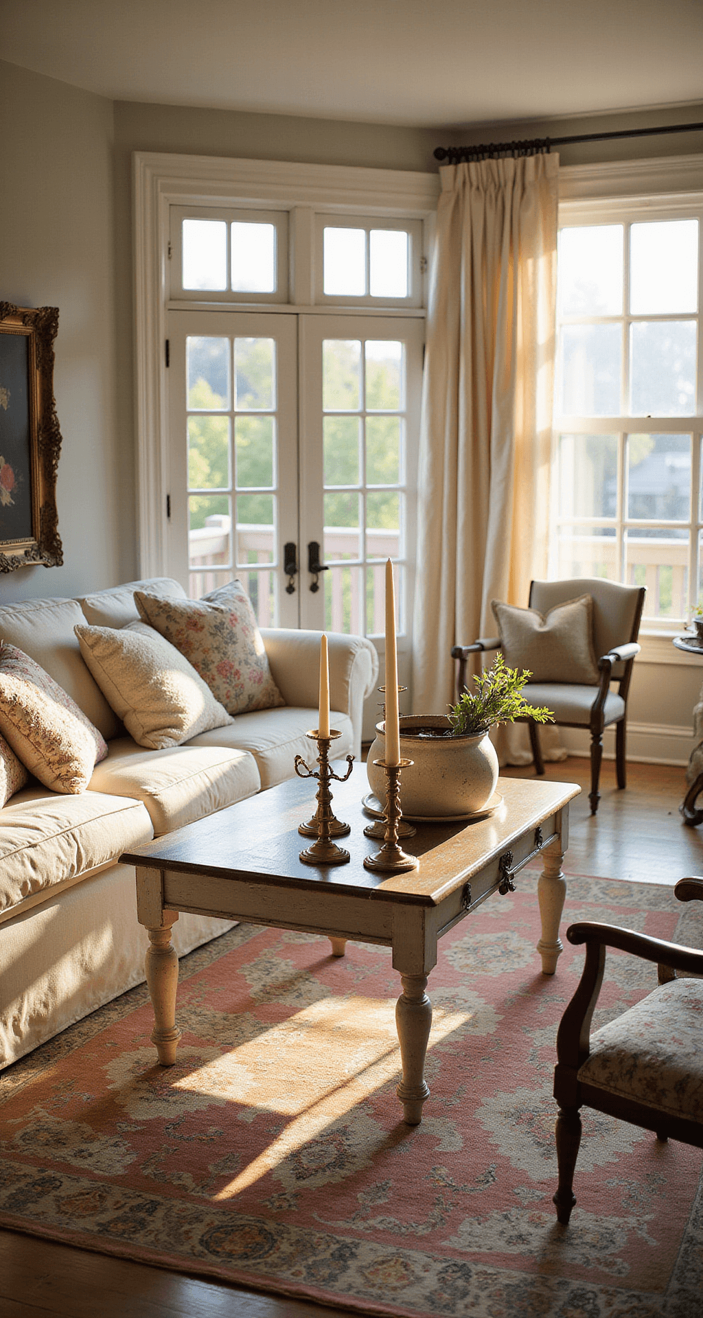 Shabby Chic Living Room Decor: Create Your Cozy Vintage Sanctuary A sunlit living room with high ceilings and crown molding, featuring a cream slipcovered sofa with vintage cushions, a whitewashed coffee table, and layered pastel Persian rugs, all bathed in warm golden hour light from French doors.