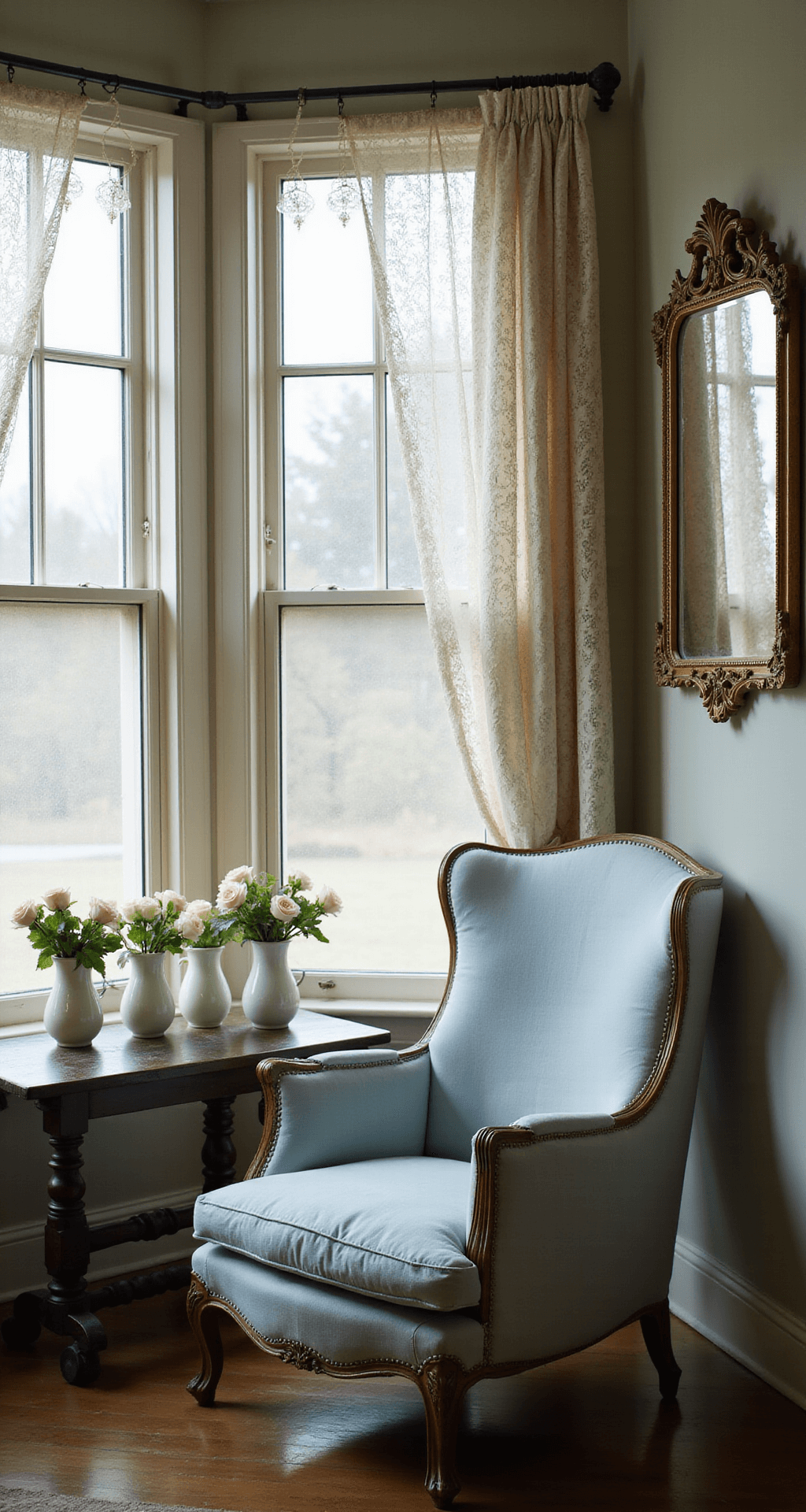 A cozy Victorian-era bay window scene with a pale blue vintage armchair, rustic side table adorned with milk glass vases of fresh garden roses, and an ornate gilded mirror, all illuminated by soft morning light filtering through lace curtains.