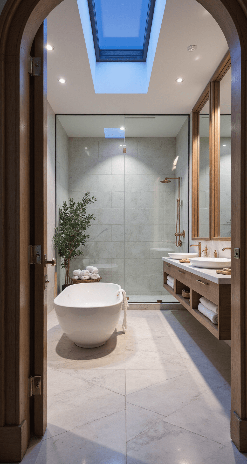A serene spa-like bathroom featuring herringbone marble floors, a freestanding soaking tub under a skylight, double bleached walnut vanities with backlit mirrors, and brass fixtures, styled with plush white towels and eucalyptus branches.