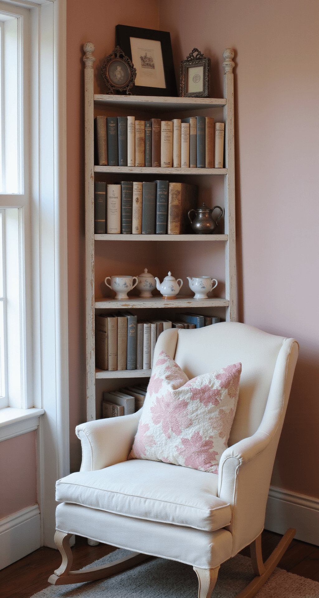 A cozy reading nook at dusk with a weathered chalk white ladder bookshelf against blush pink walls, vintage hardcover books, porcelain teacups, and tarnished silver frames, featuring a cream linen rocking chair with quilted pillows, captured from above at a 45-degree angle.