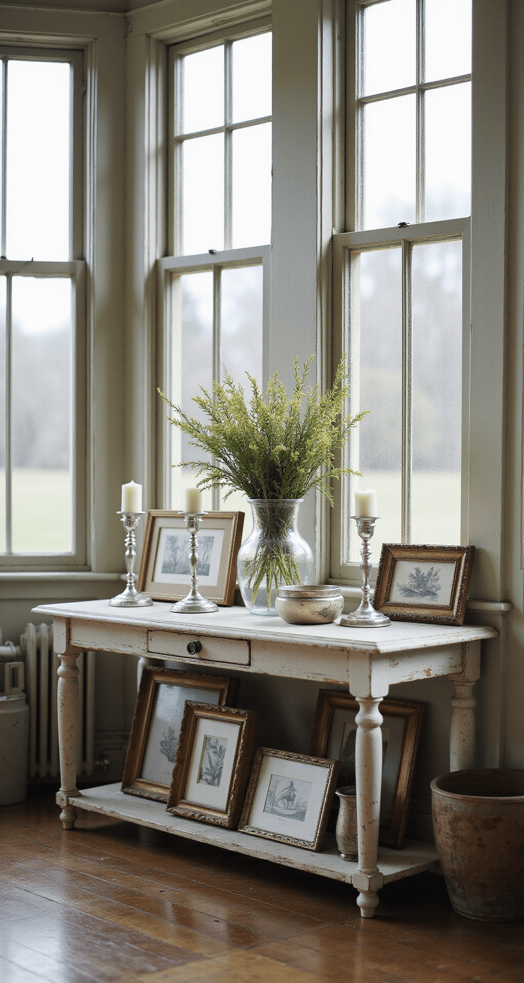 A romantic vignette featuring a distressed white wooden console table adorned with mercury glass candleholders, vintage botanical prints, and antique picture frames, illuminated by late afternoon light streaming through floor-length windows.