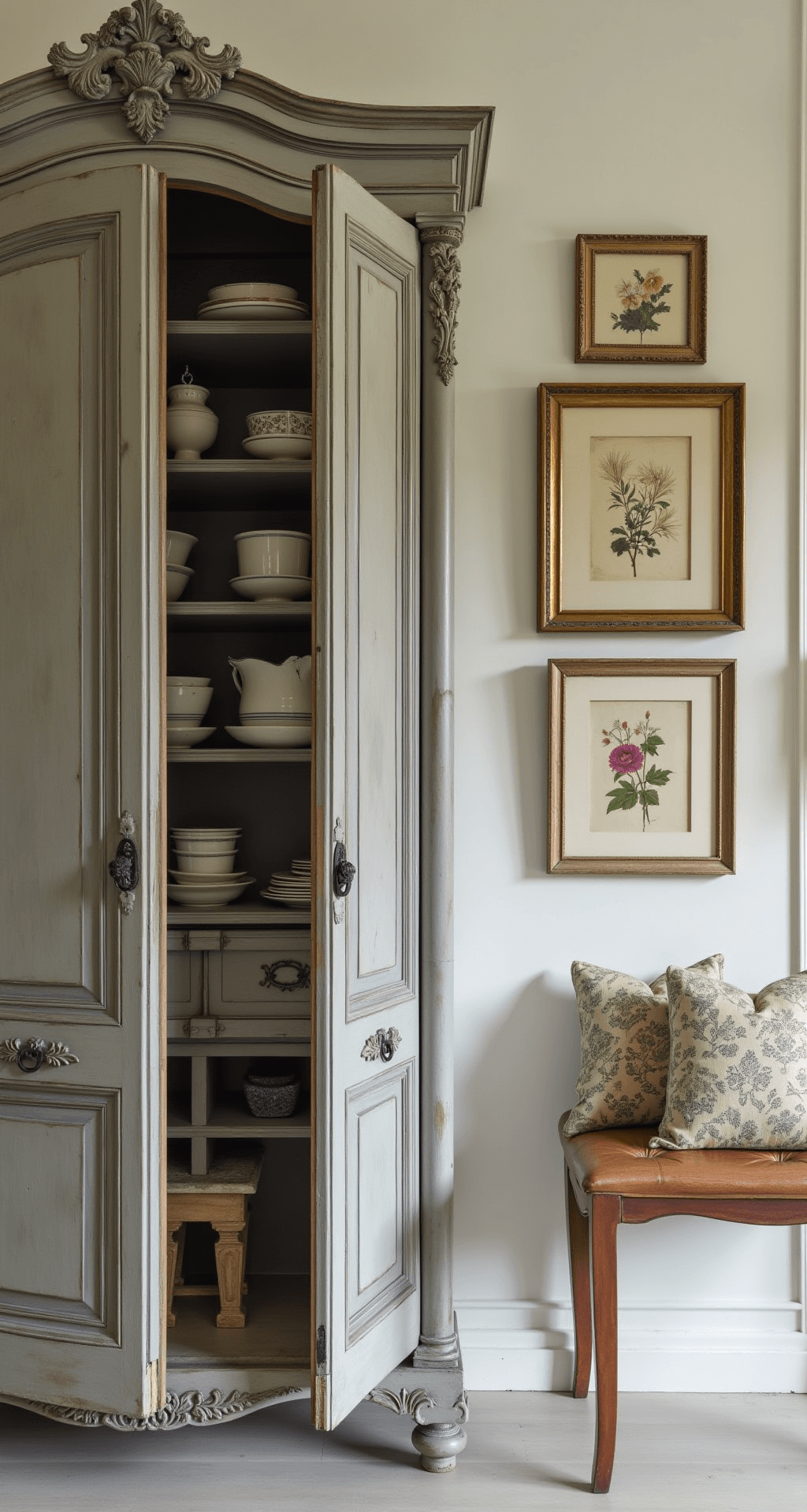 A welcoming living room entrance featuring a weathered gray French armoire with slightly open doors revealing vintage linens and ceramics, alongside a gallery wall of cream and gold ornate frames displaying botanical prints and family photos, all highlighted by soft natural light.