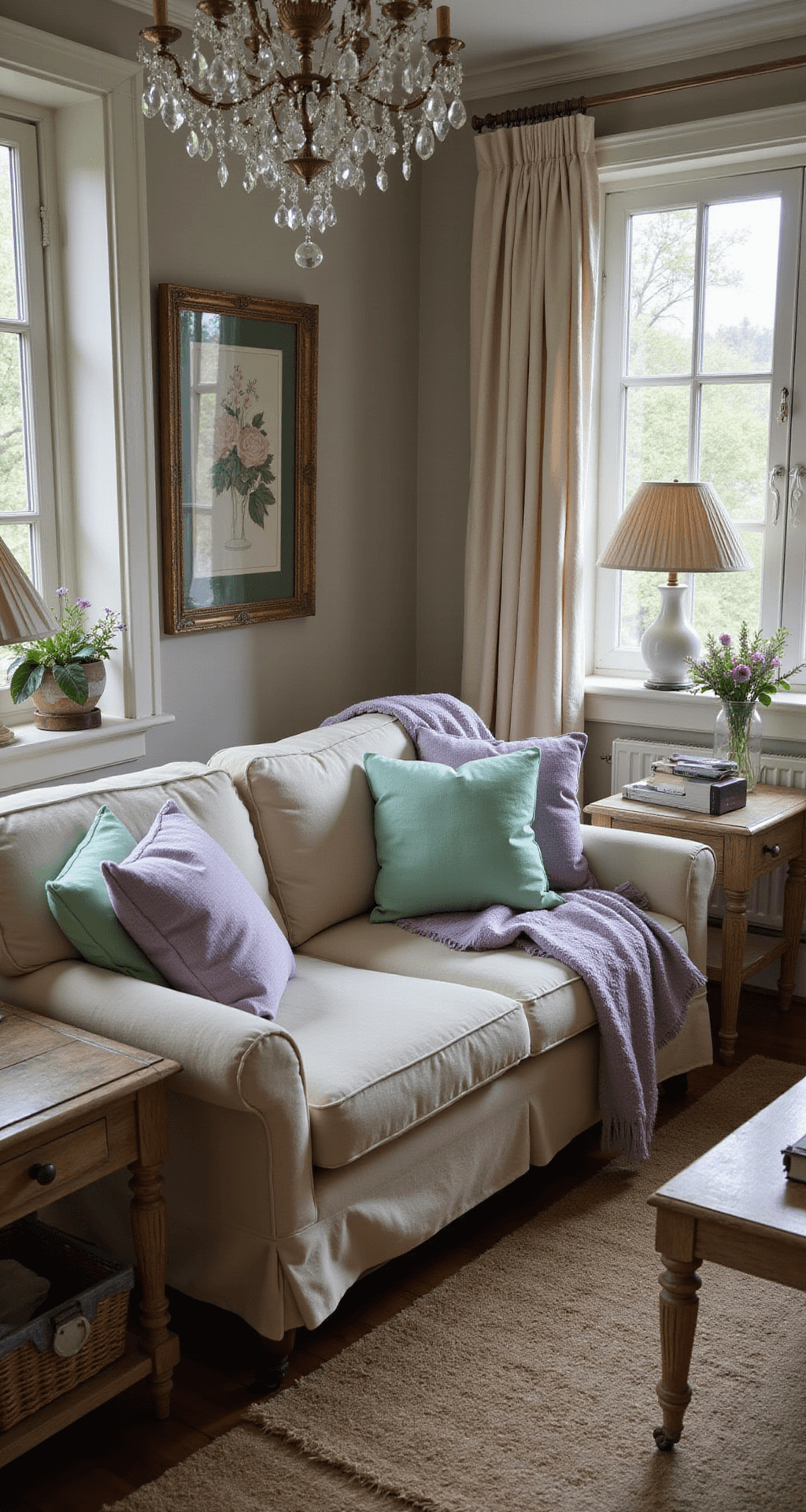 A cozy twilight scene featuring a shabby chic seating arrangement with a vintage crystal chandelier casting soft shadows. An oversized slipcovered loveseat in natural linen is complemented by distressed wooden side tables holding milk glass lamps with ruched shades. Layered vintage textiles in mint and lavender create depth, all captured from a slightly elevated angle with warm ambient lighting.